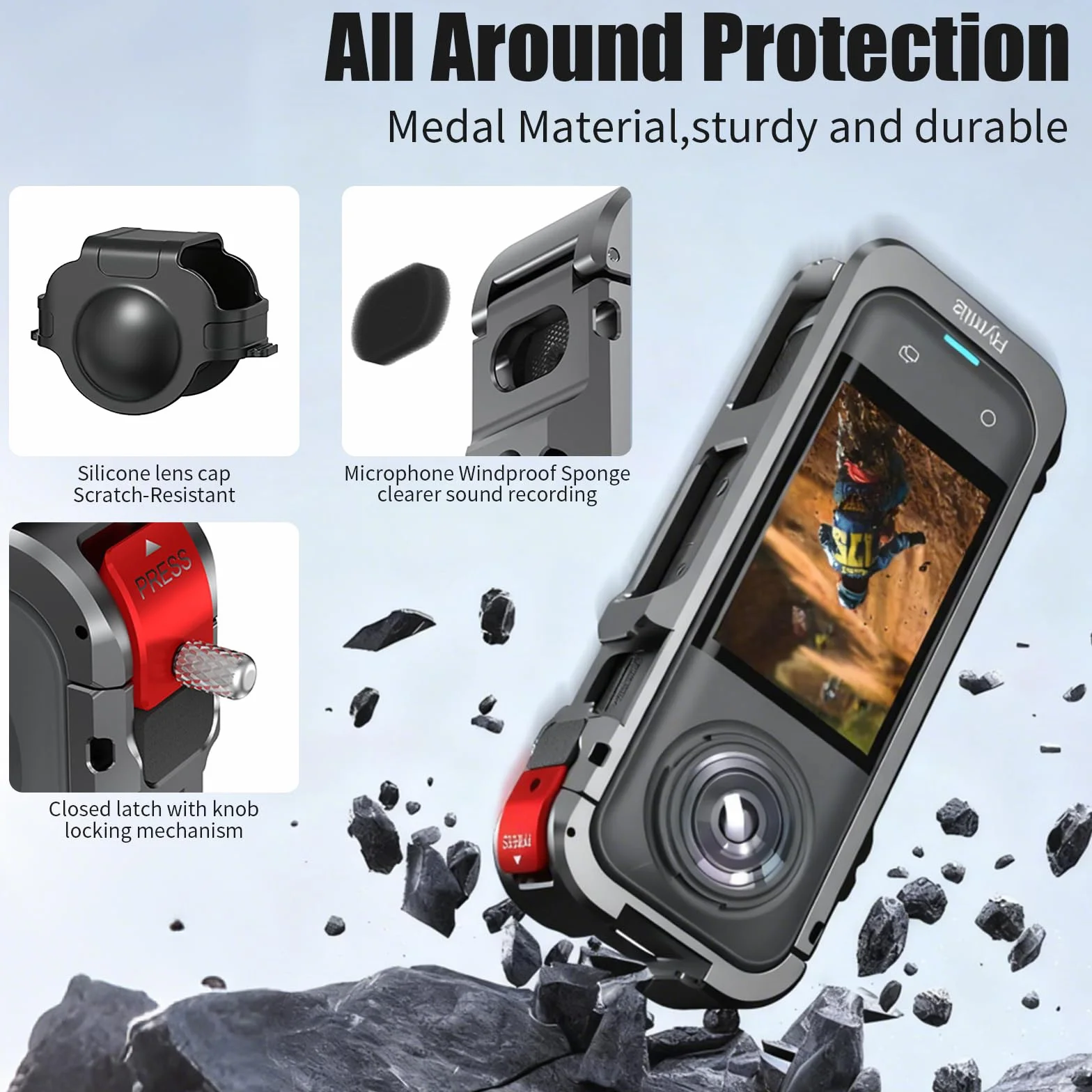 Aluminiowa rama ochronna Insta360 X5 z silikonową osłoną obiektywu, otwór 1/4", zimny but