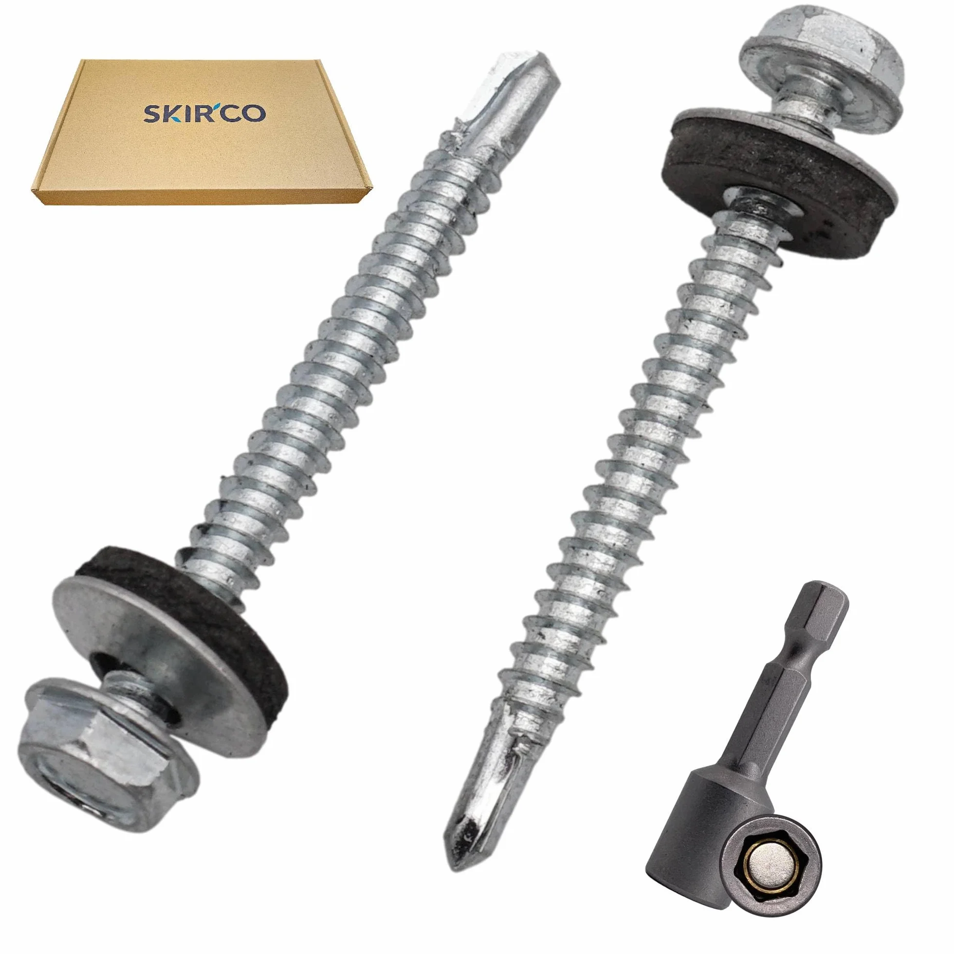 SKIR'CO (150 szt.) Wkręty dekarskie ocynkowane 4,8 x 50 mm, łeb sześciokątny, DIN 7504-K Wkręty samowiercące z podkładkami uszczelniającymi EPDM