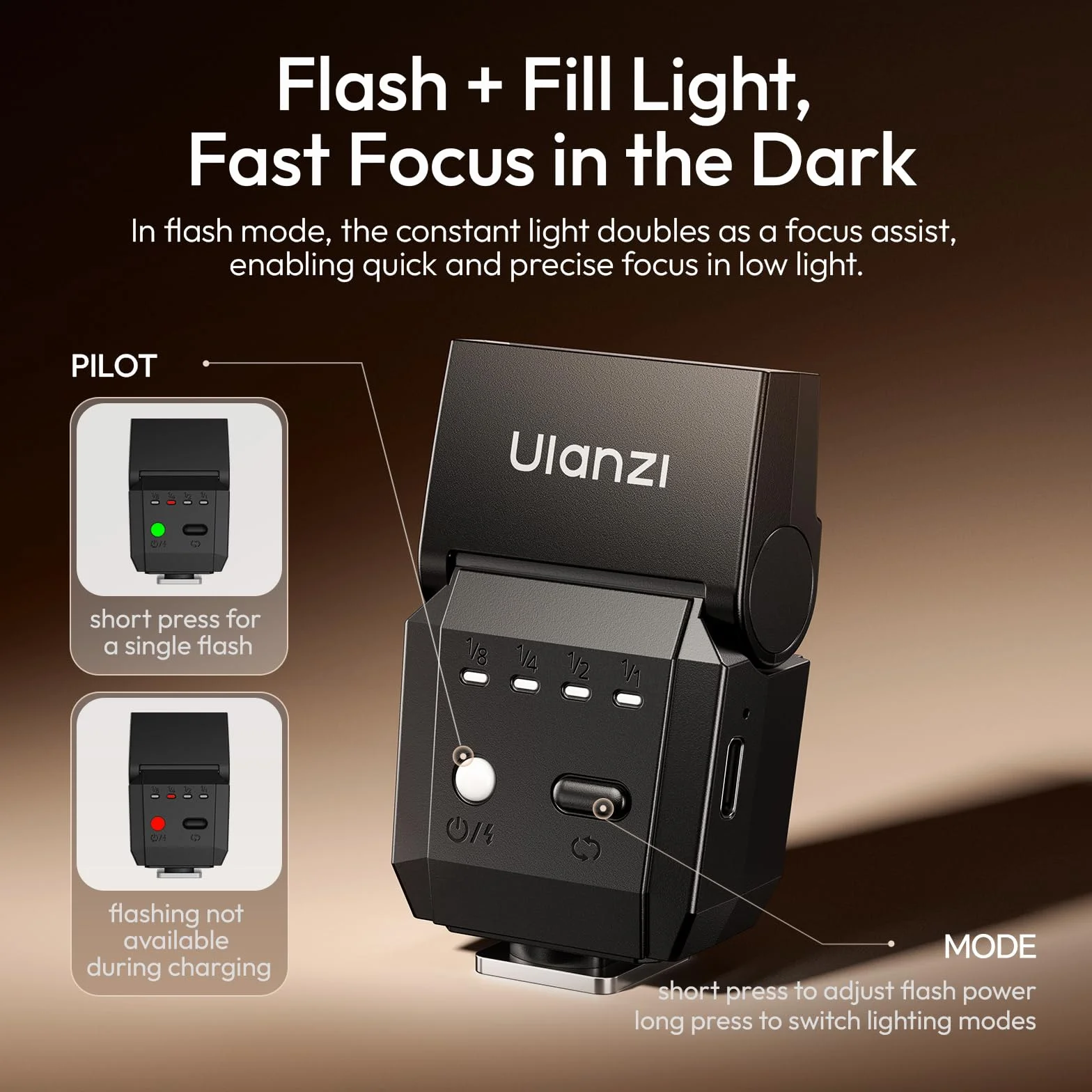 ULANZI SL03 Mini lampa błyskowa, GN8 6500 K, Speedlite regulacja 90°, 4 poziomy mocy (1/8 ~ 1/1), jednostykowa lampa błyskowa do lustrzanek Sony/Canon/Fuji, czarna