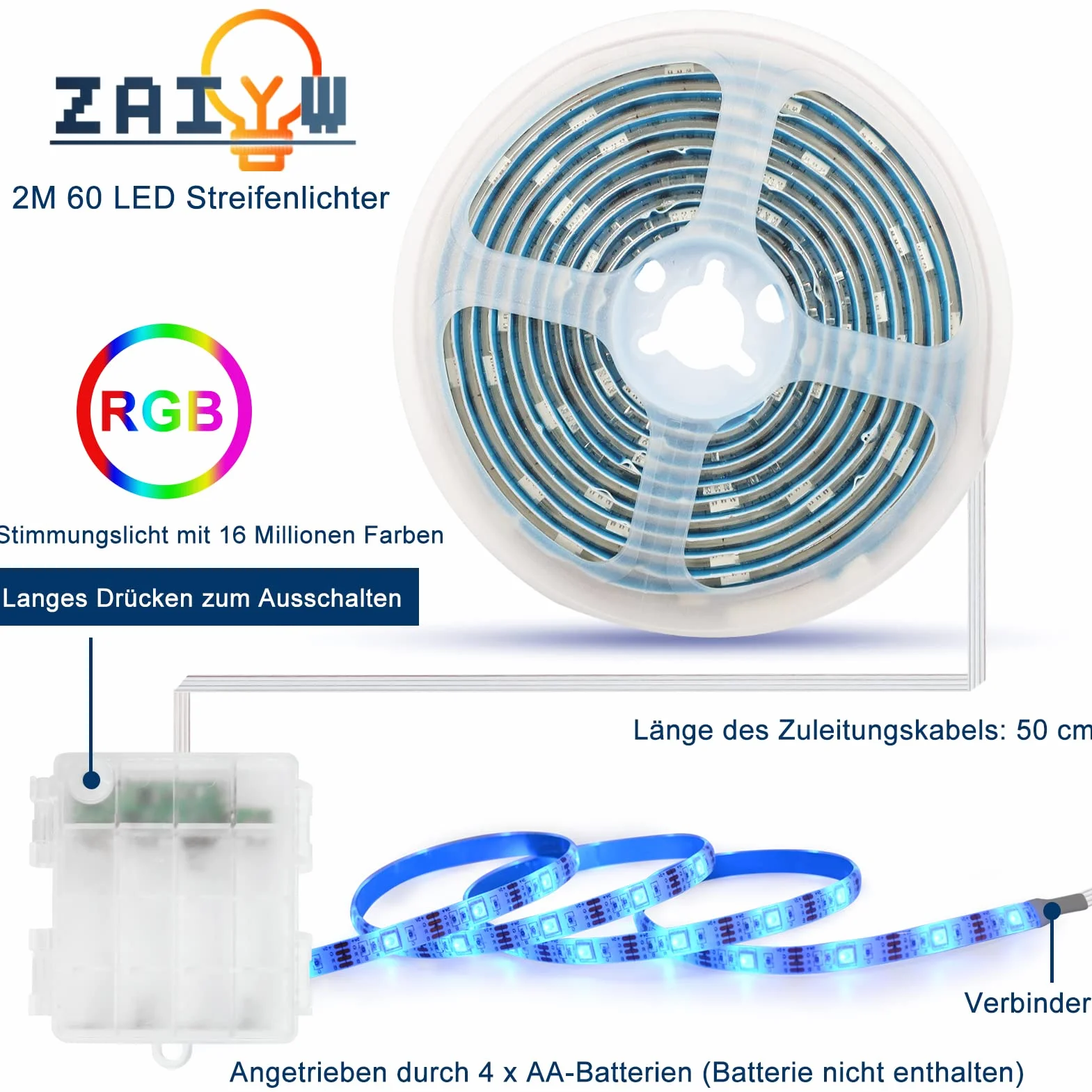 Taśma LED zasilana bateriami, 2 m, 60 diod LED RGB 5050, podświetlenie tła TV z pilotem zdalnego sterowania na podczerwień, wodoszczelne zewnętrzne listwy świetlne do sypialni w domu