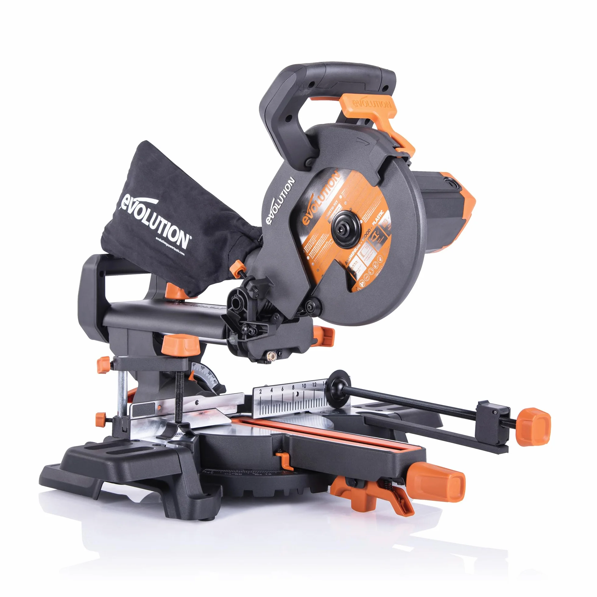 Evolution Power Tools Przesuwna ukośnica do cięć złożonych Plus R210SMS+ – w zestawie tarcza do różnych materiałów, tnie drewno, metal, plastik i inne, cięcie z nachyleniem i ukośne, 210 mm (230 V)