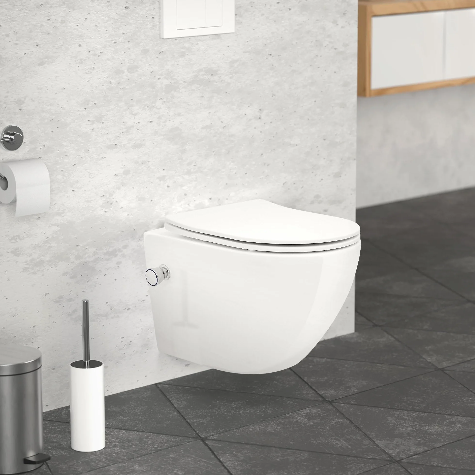 LuxeBath Toaleta podwieszana bez kolnierza kompaktowa 49 cm biala z funkcja bidetu powloka nano ceramiczna z wyjmowana deska Duroplast z wolnym opadaniem efekt lotosu latwa w utrzymaniu czystosci