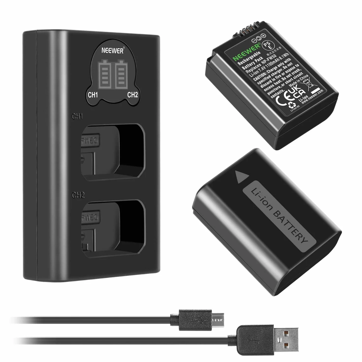 NEEWER NP-FW50 Ładowarka do aparatu Zestaw do Sony ZV-E10 A7 A7R A7RII A7II A7SII A7S RX10 Series (2 szt. 1100 mAh Micro USB Wymienne baterie i podwójne wejście typu C ładowarka)