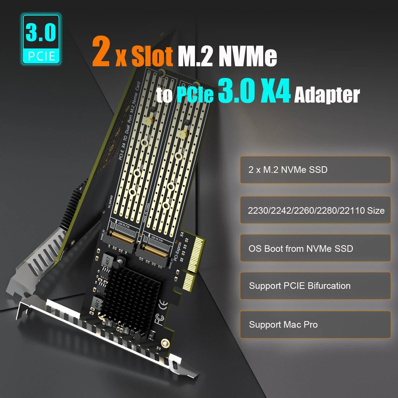 GLOTRENDS PA20 Dual Adapter M.2 NVMe na PCIe 3.0 x4 z funkcją rozgałęzienia PCIe, konfiguracja programowego RAID M.2 NVMe, obsługuje 22110/2280