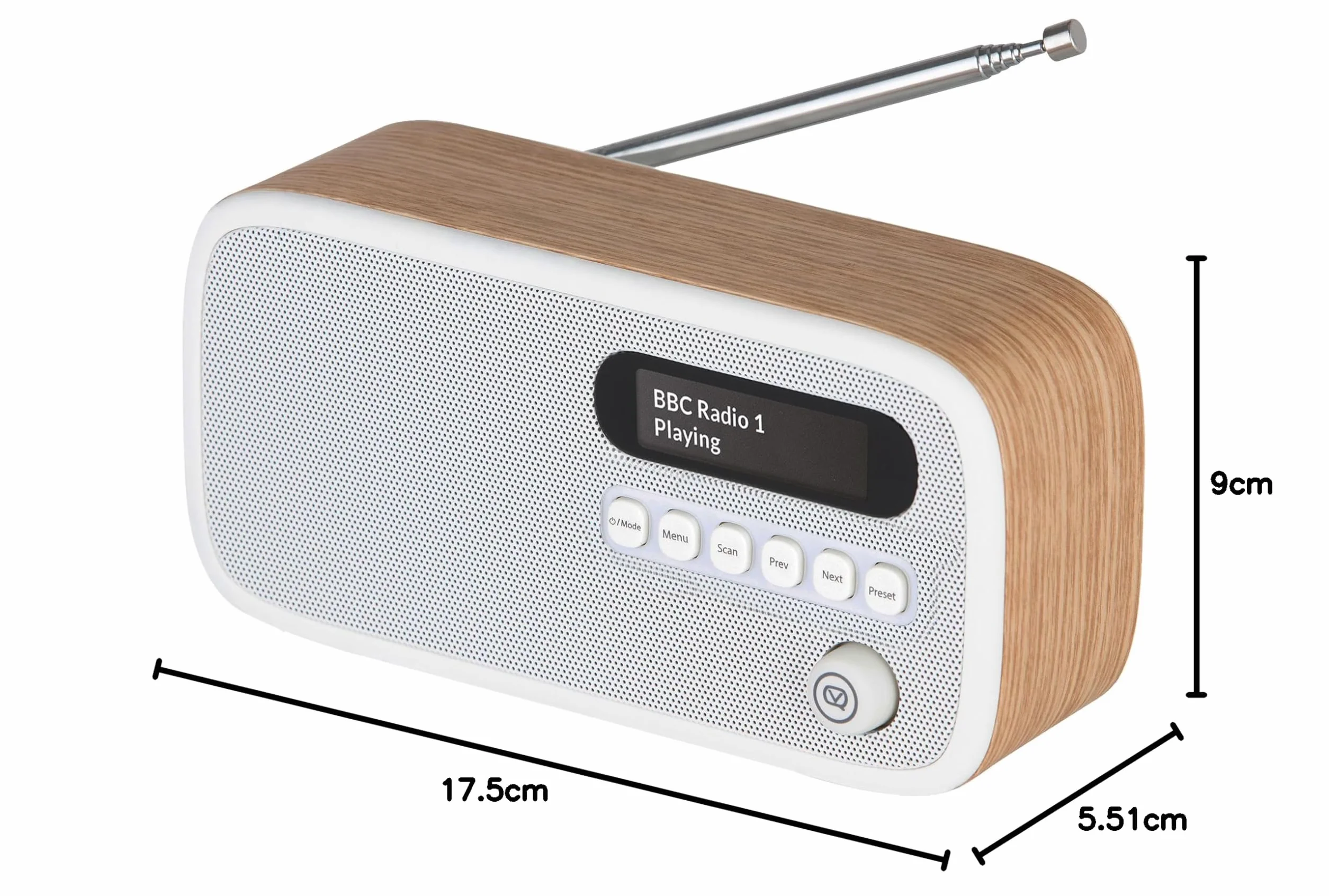 VQ Dexter Radio DAB Plus/DAB z FM, Głośniki Stereo 3W i Wyświetlacz LCD - Zasilane z Prądu i Baterii, Przenośne Radio z 60 Zapamiętanymi Stacjami, Anteną i Gniazdem Słuchawkowym - Dąb