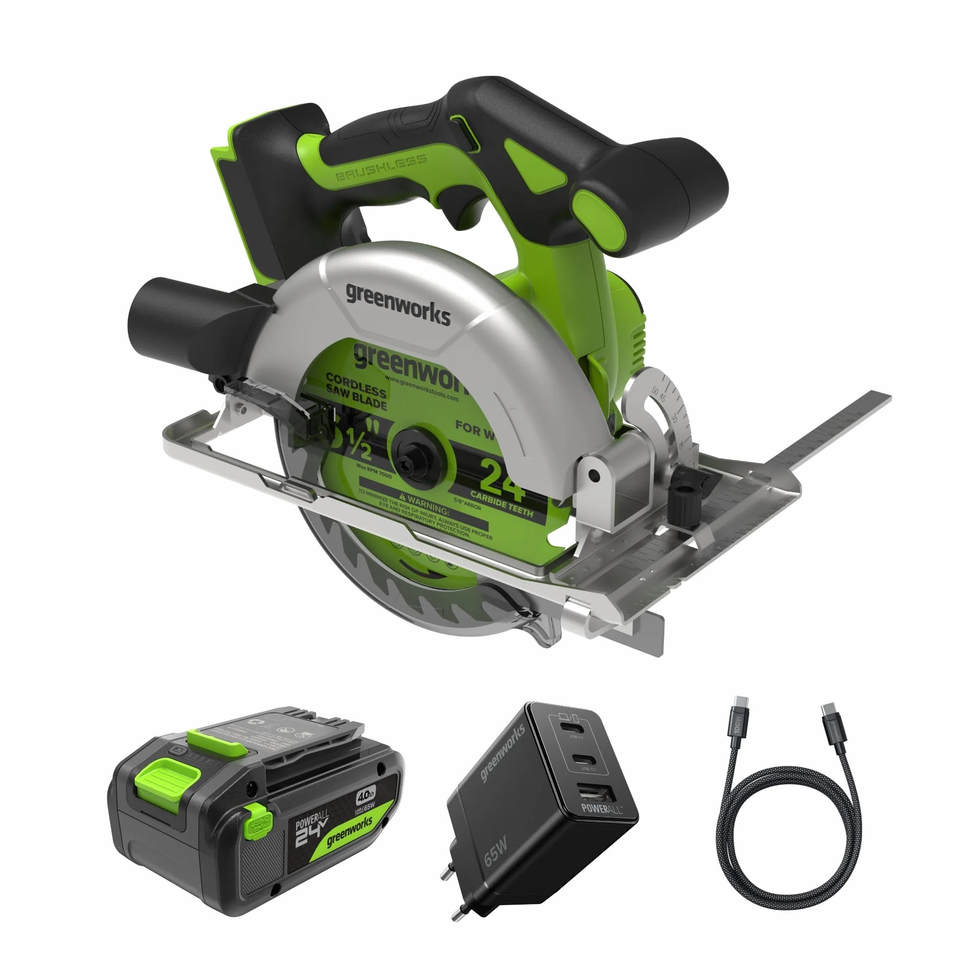 Greenworks Bezprzewodowa piła tarczowa 24 V, bezszczotkowa, 165 mm, 5000 obr./min, ostrze 20 mm, regulowana głębokość cięcia 45°/90°, światło LED, z baterią i ładowarką CRG404