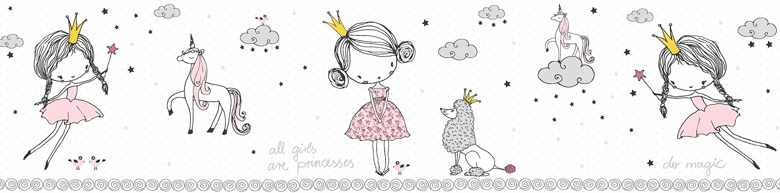 Samoprzylepna bordiura do pokoju dziecięcego, Magic Princess, do pokoju dziecięcego i pokoju dziecięcego, tatuaż ścienny dla dziewcząt i chłopców w kolorze białym, szarym, różowym, czarnym