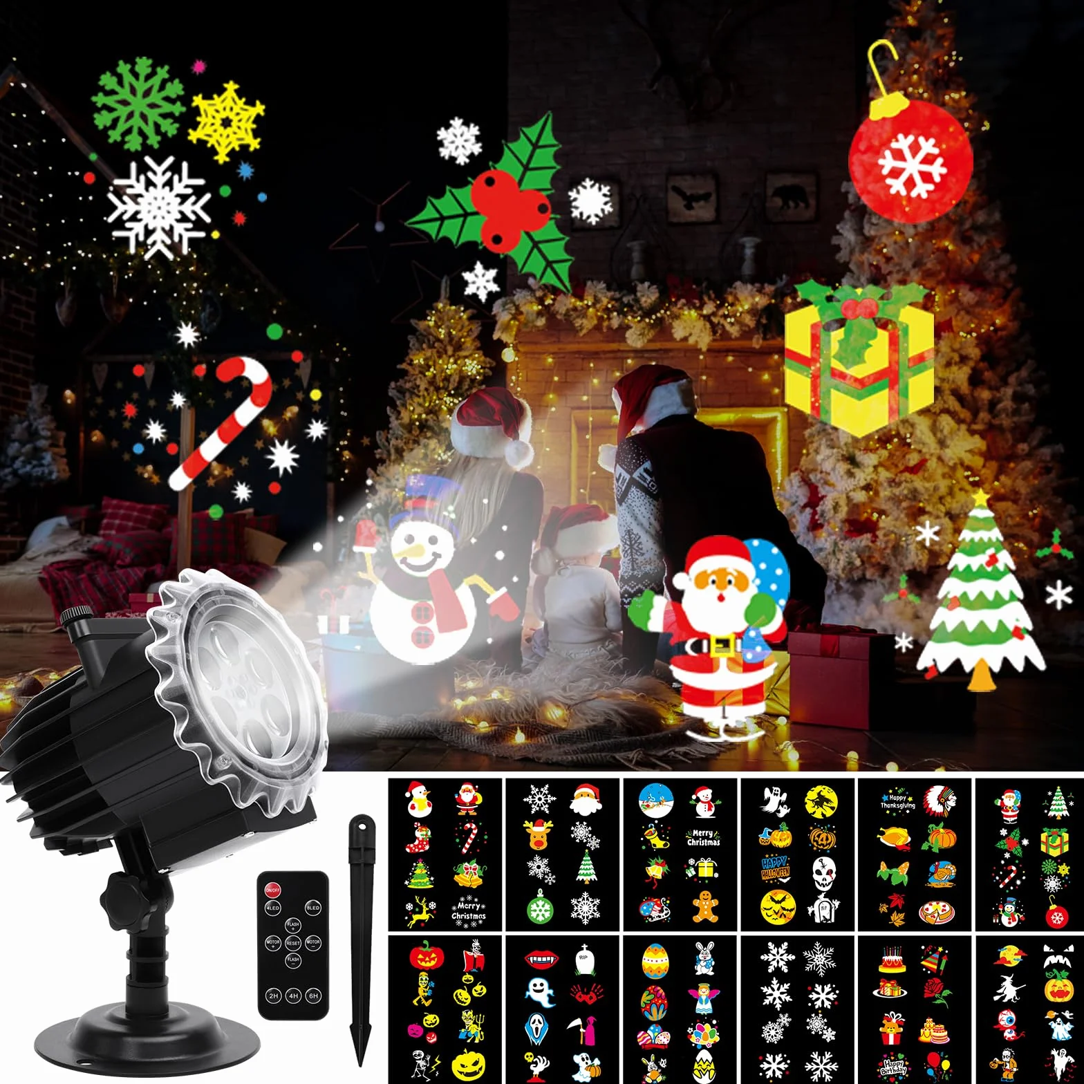 zewnętrzny projektor bożonarodzeniowy, wodoodporny Halloween Boże Narodzenie projektor z 12 HD slajdami i pilotem zdalnego sterowania, lampa projektora płatek śniegu dekoracja na Boże