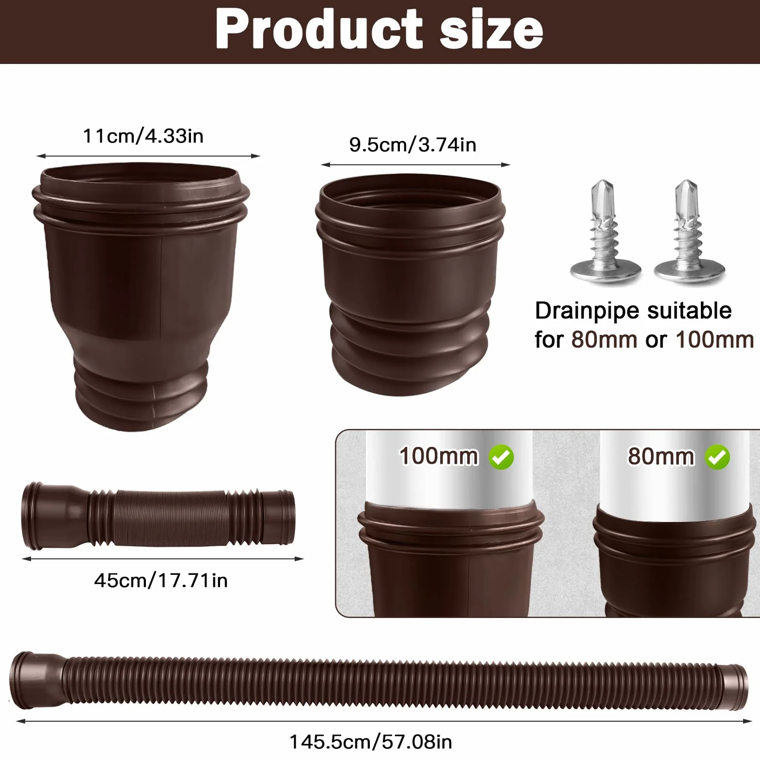 Przedłużenie rury spustowej, elastyczne, okrągłe, do rury spustowej 80/100 mm, przedłużenie od 47 do 150 cm, 1 sztuka (brązowa)
