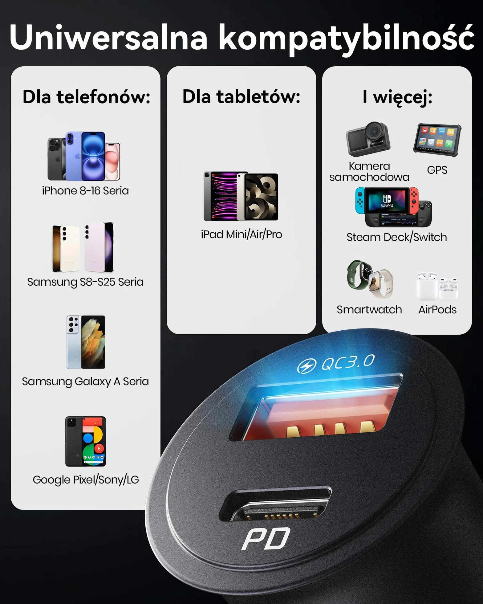 INIU 60W Ładowarka Samochodowa [USB C + USB A], PD & QC 3.0 Szybkie Ladowanie 12V 5A, Metalowy Adapter do Samochodu Kompatybilna z iPhone 17 16 15 14 Pro Max Samsung S23 S22 AirPods Pixel iPad etc