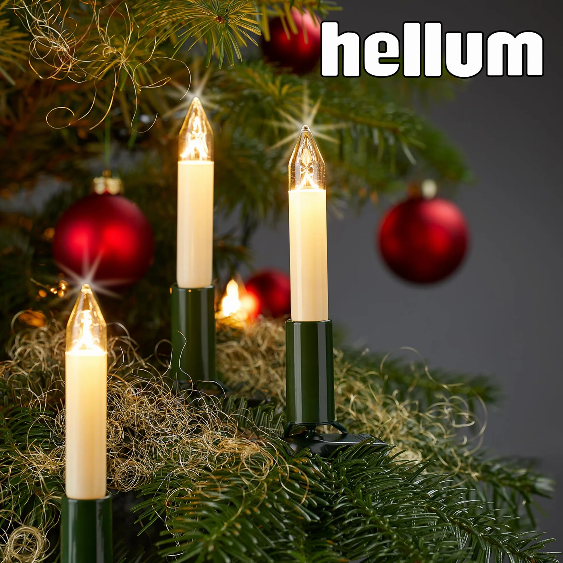 hellum 802009, 20-częściowy łańcuch do świec trzpieniowych, oświetlenie wewnętrzne, dzielona wtyczka, bardzo długi odstęp między oprawkami: 70 cm, trzon zielony, świeca kość słoniowa, przewód