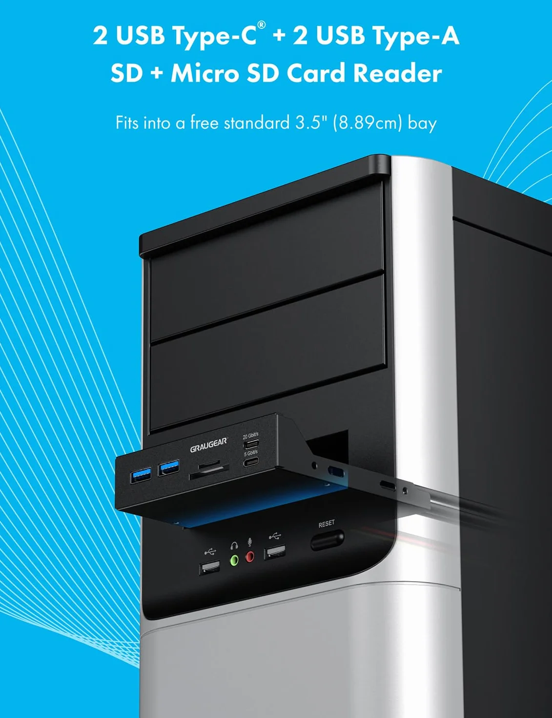 GRAUGEAR 6 interfejsów panel przedni o przekątnej 3,5 cala, USB3.2 Gen2 x 2 typ C do 20 Gbit/s, 2 x USB-A+USB-C, czytnik kart SD+microSD, Key-A 20-pin i 19-pinowy nagłówek, metal