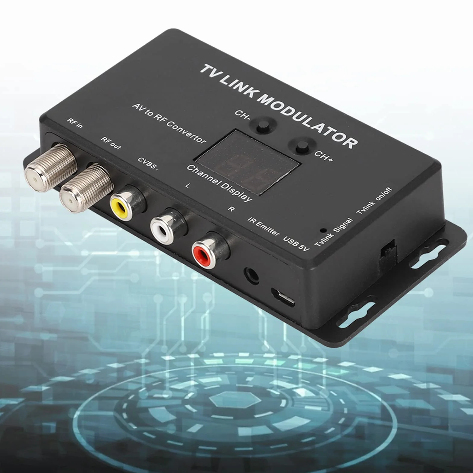 Modulator UHF TM70 Konwerter AV na RF Przedłużacz IR Wyświetlacz Kanałów Czarny 1W USB 5V