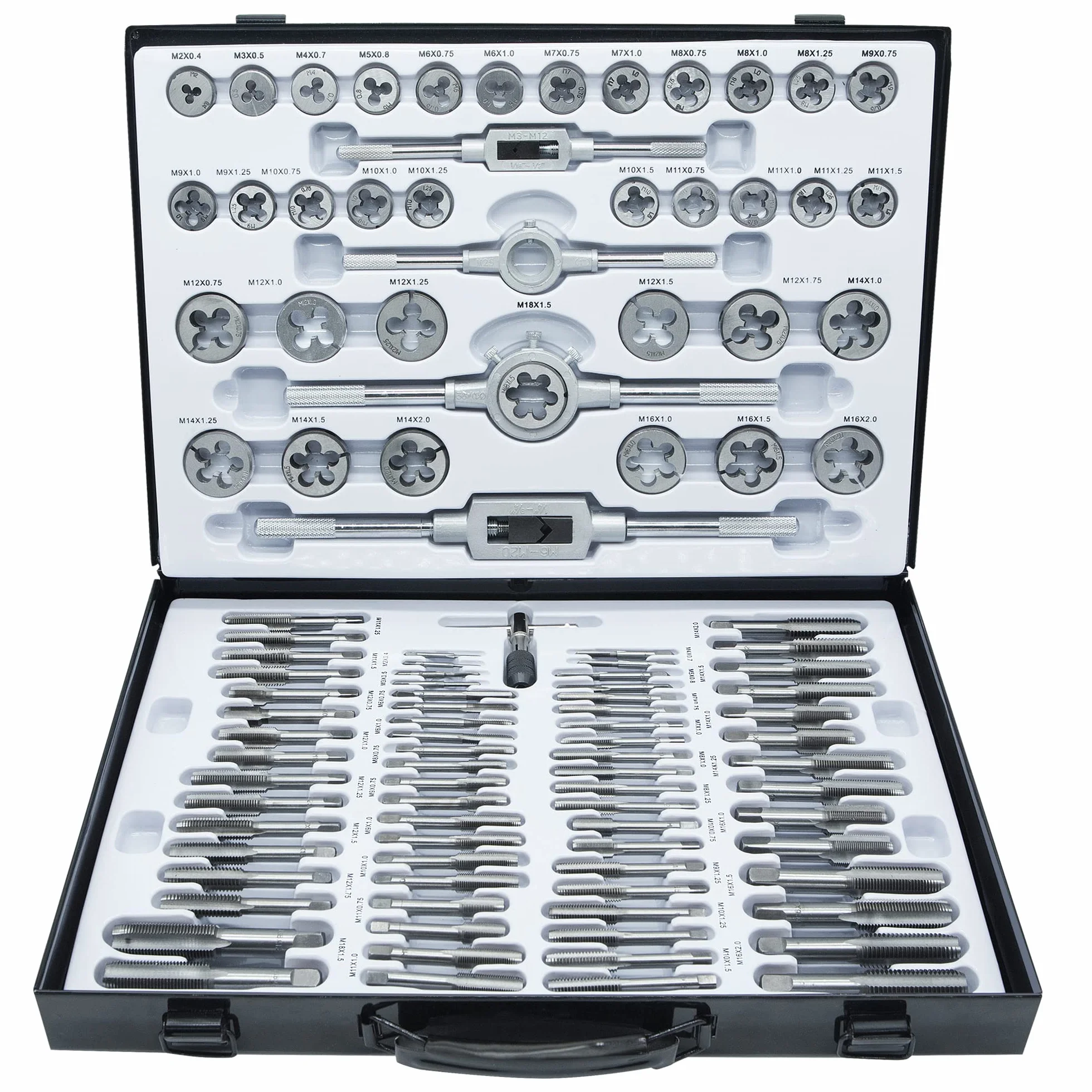 GMTOOLS Zestaw 110 sztuk, standardowy zestaw narzędzi do gwintowania M2-M18 z regulowanymi uchwytami, akcesoriami i etui do przechowywania, zestaw gwintów zewnętrznych i wewnętrznych