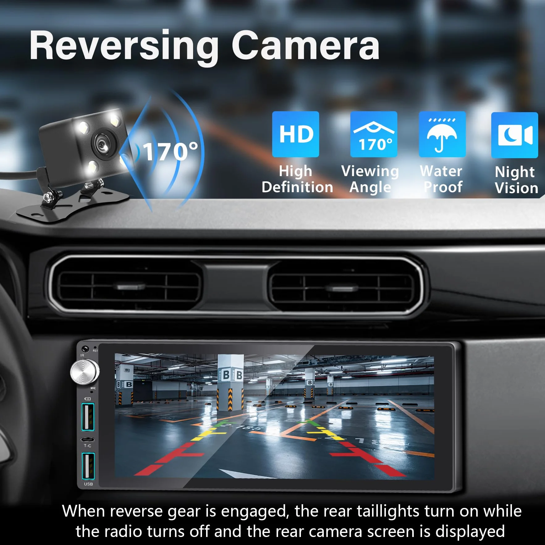 Radio samochodowe Bluetooth 1 DIN z funkcją CarPlay i Android Auto, z ekranem dotykowym o przekątnej 6,9 cala, łącze Mirror Link/RDS FM Radio/USB/Type-C/Mikrofon/Kamera zapasowa/obsługa pilota