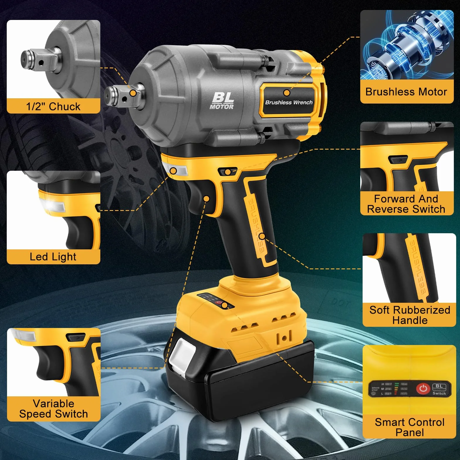 Akumulatorowa wkrętarka udarowa kompatybilna z Dewalt 18 V 20 V, 1100 Nm wkrętarka udarowa 1/2 cala, bezszczotkowy klucz udarowy z adapterem klucza nasadowego (bez akumulatora)