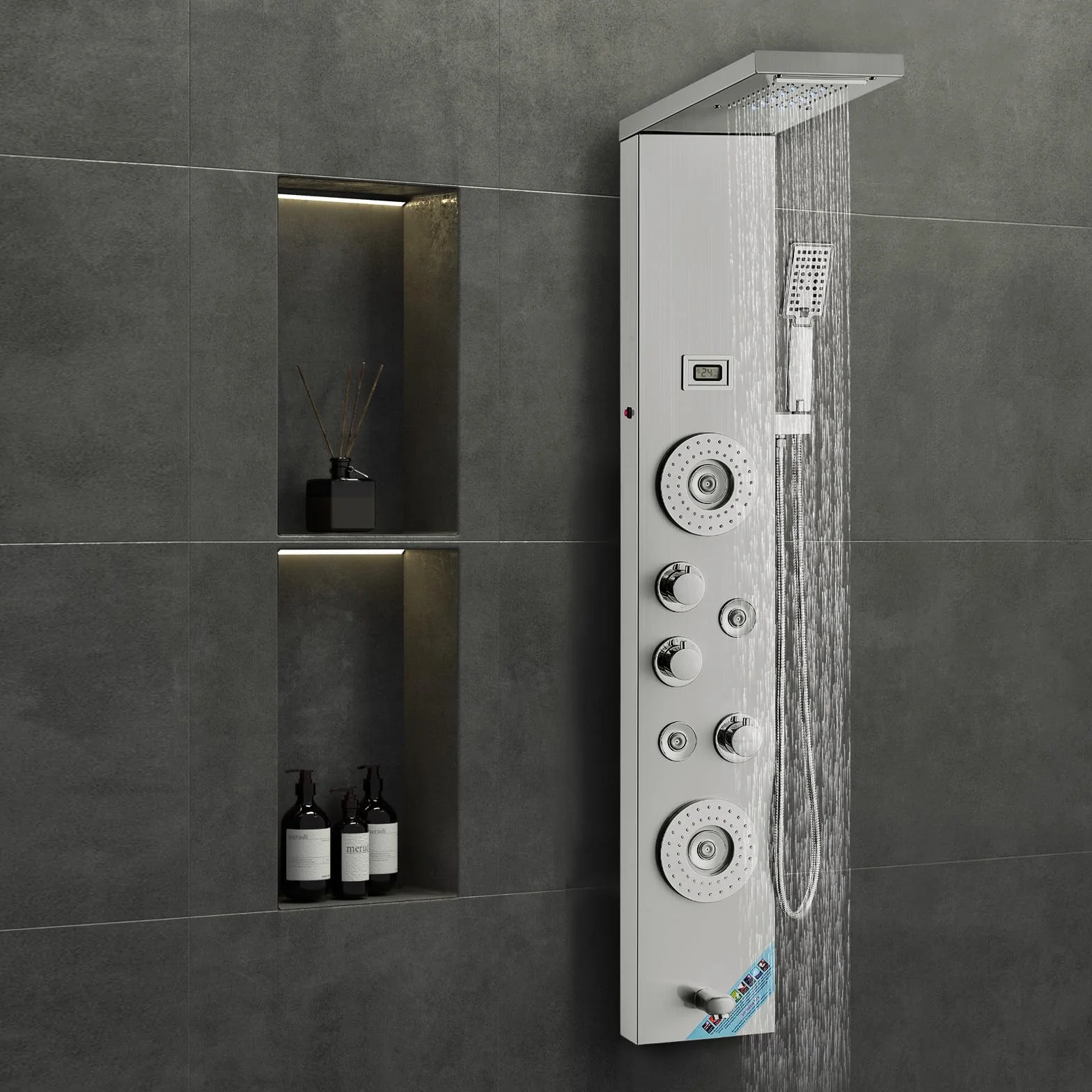 VEVOR System paneli prysznicowych, 6 trybów prysznica, wyświetlacz LED i panel prysznicowy wieży, deszcz, wodospad, wylot wanny, głowica prysznicowa, wąż 59 cali, zestaw prysznicowy ścienny ze stali