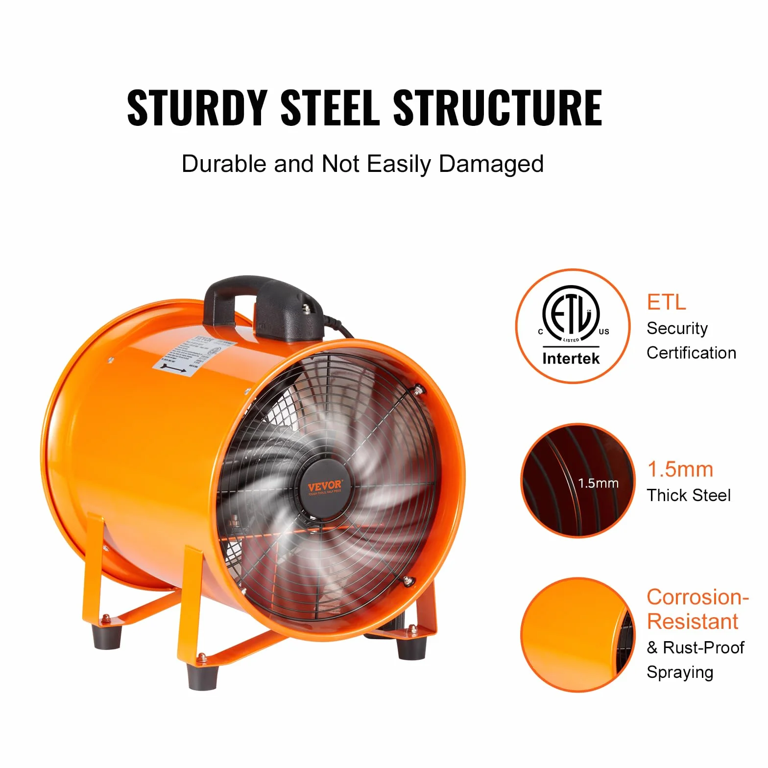 VEVOR Wentylator budowlany 255 W AC 1720 CFM dmuchawa osiowa z wężem 5 m