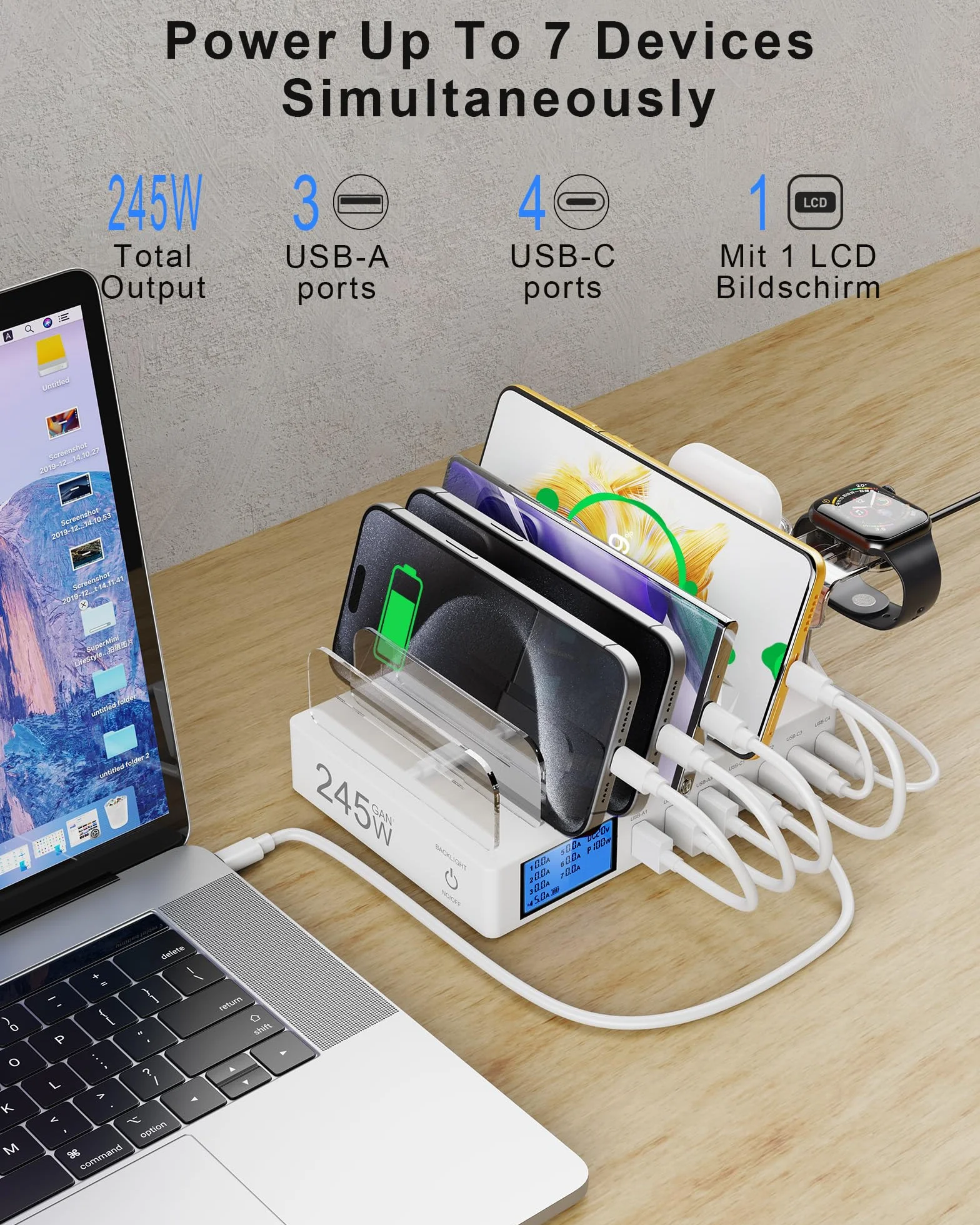 Stacja ładująca USB 245W 7 portów z ekranem LCD 2 w 1 kompatybilna z iPhone 16/15/Pro/Max Samsung