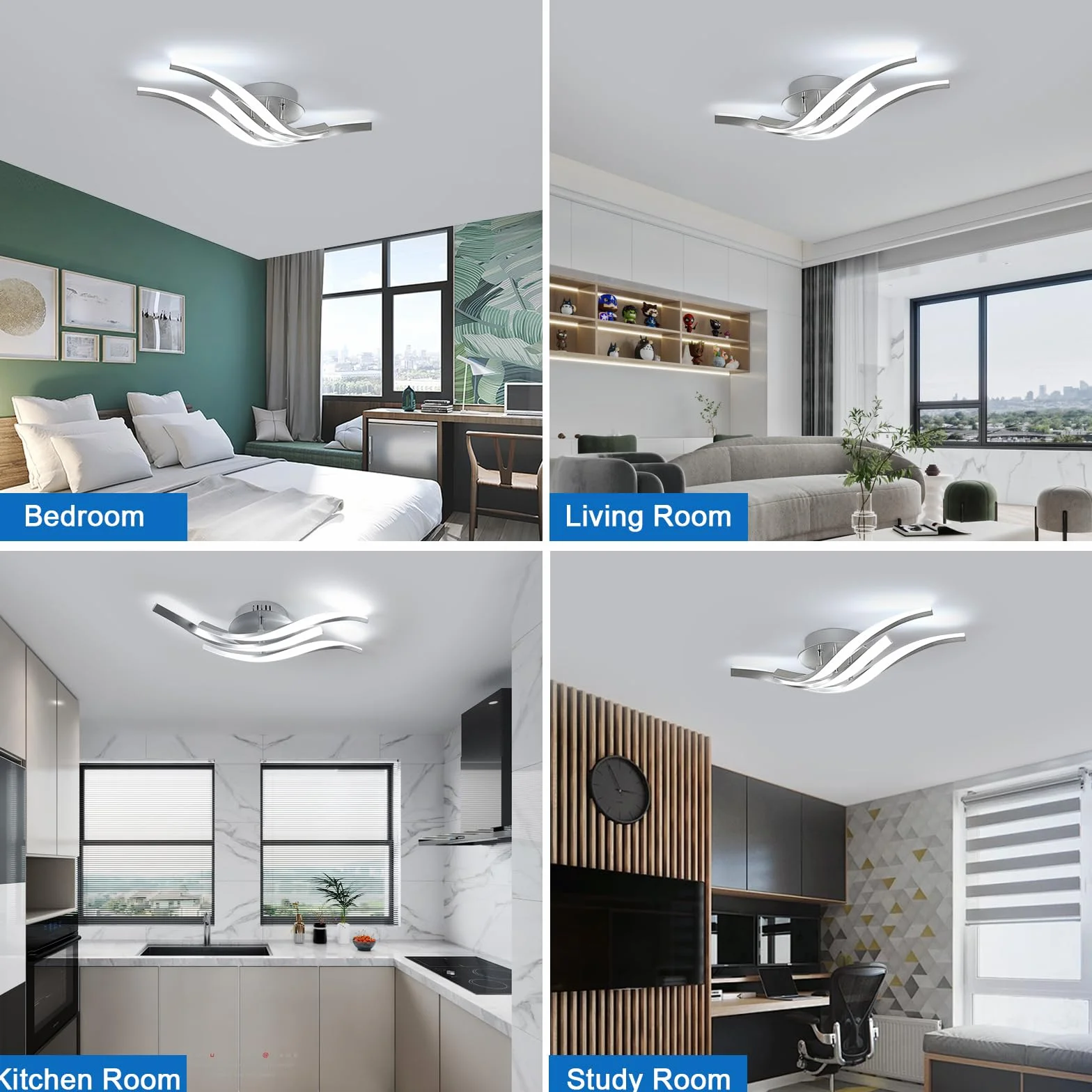 Dorlink Nowoczesna lampa sufitowa LED, 6500K zimna biel żyrandole kuchenne, 24 W 1920 lm żyrandol LED do sypialni, 4 lampy sufitowe zakrzywione fale, żyrandol do salonu, Ø52 cm