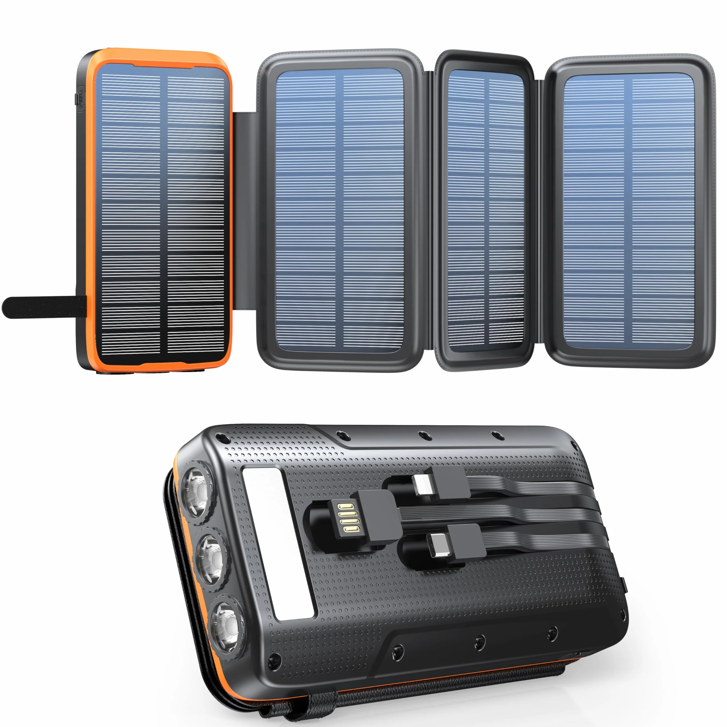 Solarna bateria zewnętrzna 20 000 mAh z 4 panelami słonecznymi, wodoodporna bateria zewnętrzna z 3 kablami i 3 latarkami LED do smartfonów, tabletów, kempingów (pomarańczowa)