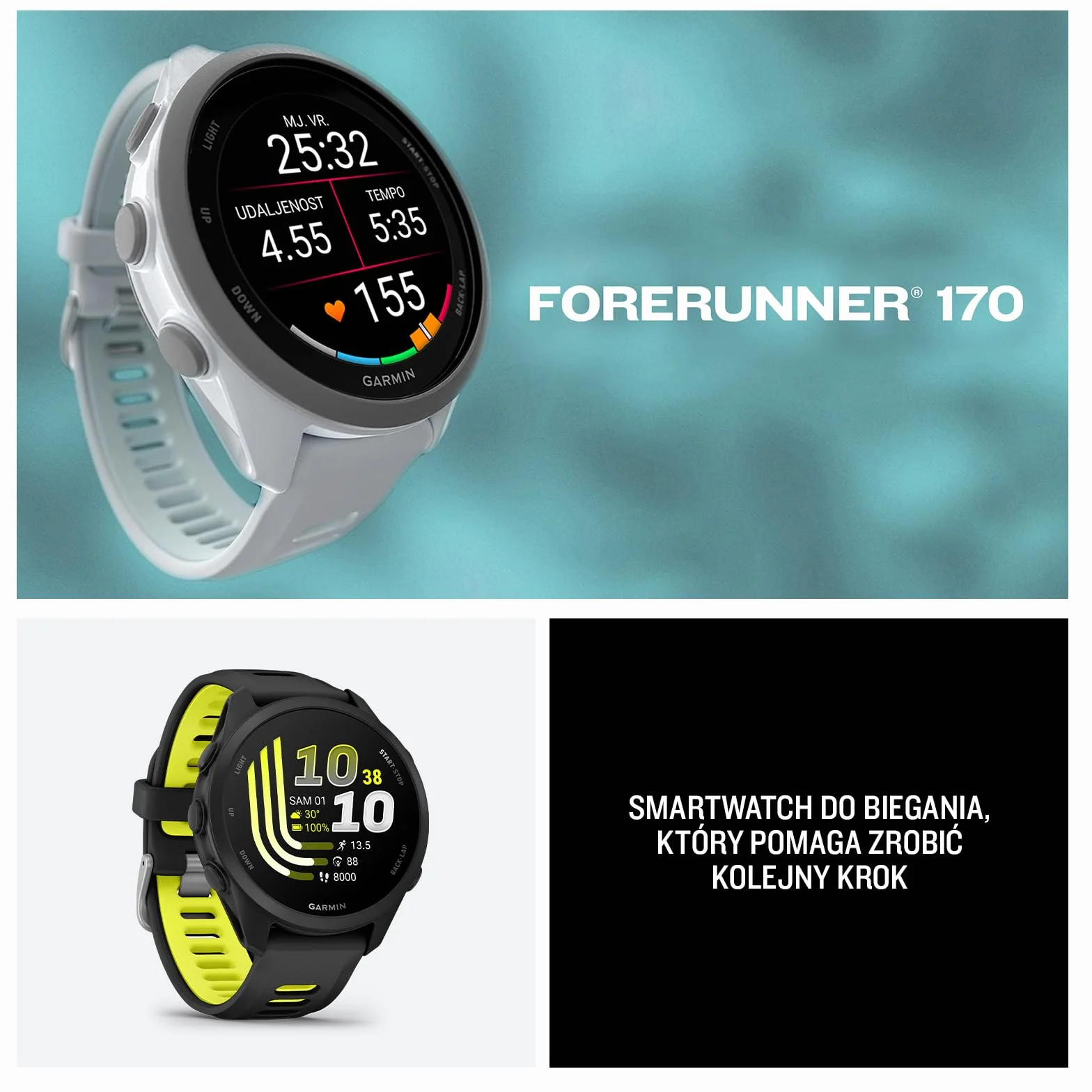 Garmin Forerunner 170 Smartwatch Do Biegania GPS, 43mm, AMOLED, Do 10 Dni Pracy Baterii, Black/Amp Yellow