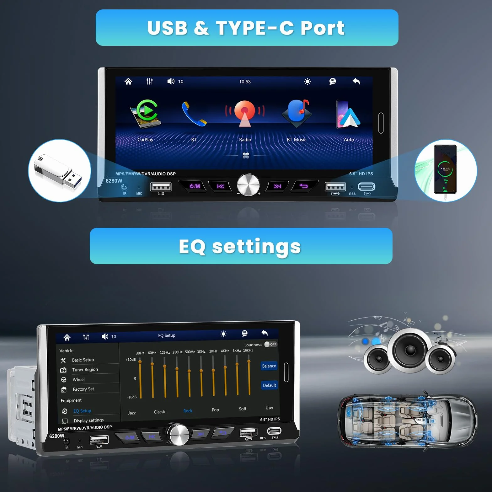Inefala Radio Bluetooth 1 Din z bezprzewodowym Carplay i Android Auto, radio samochodowe 1 Din z wyświetlaczem 6,9 cali z Mirror Link RDS/FM AUX SWC kamera cofania Type-C i podwójne złącza USB