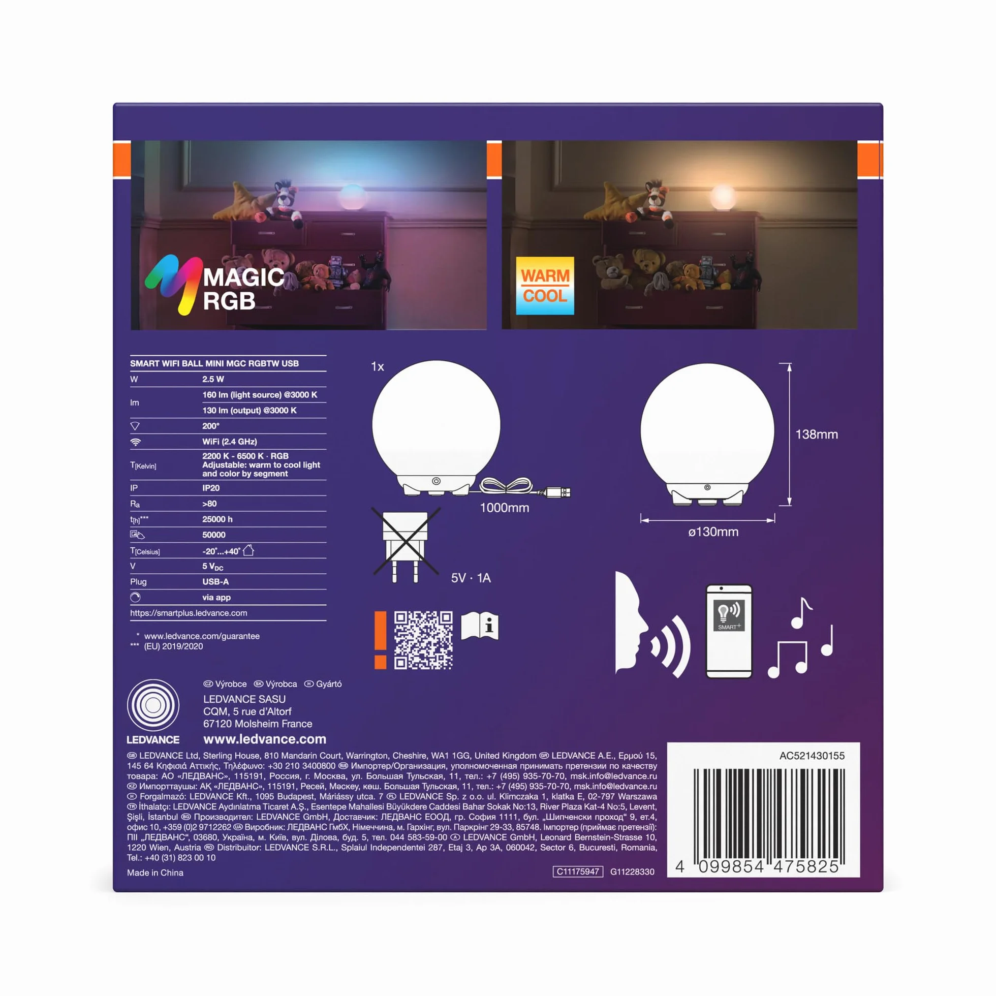 OSRAM Lampa nastrojowa i stołowa SMART+ WIFI BALL LIGHT, czarna, 4 W, 130 lm, dynamiczny efekt świetlny Magic RGB, dwa źródła światła, możliwość przyciemniania, długa żywotność, łatwa instalacja,