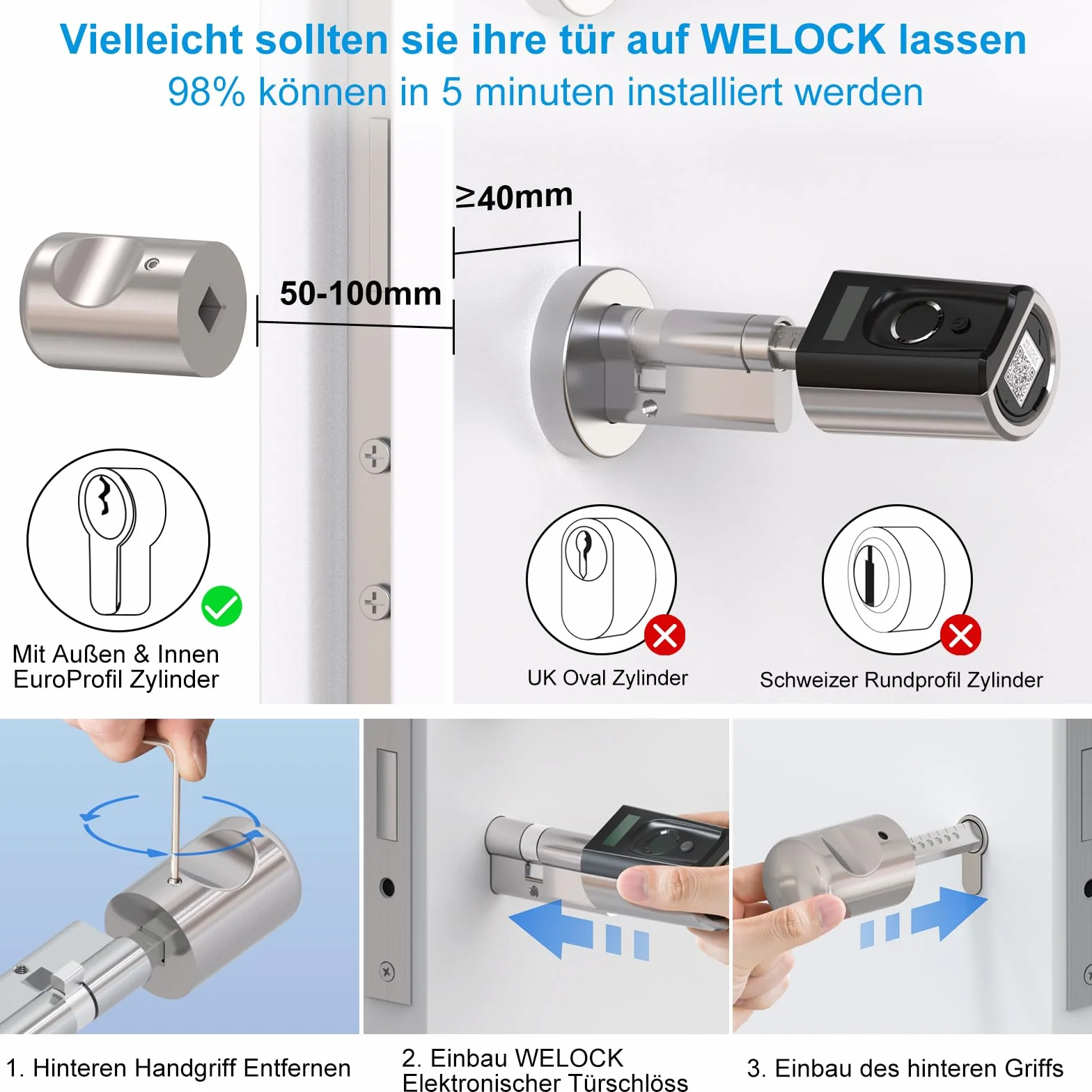 Welock Touch41 zamek do drzwi, odcisk palca z wifibox 3, elektroniczny zamek do drzwi z kartą RFID, zdalne odblokowanie Bluetooth, Wi-Fi, IP65, współpracuje z Alexa, regulacja do drzwi 50-100 mm