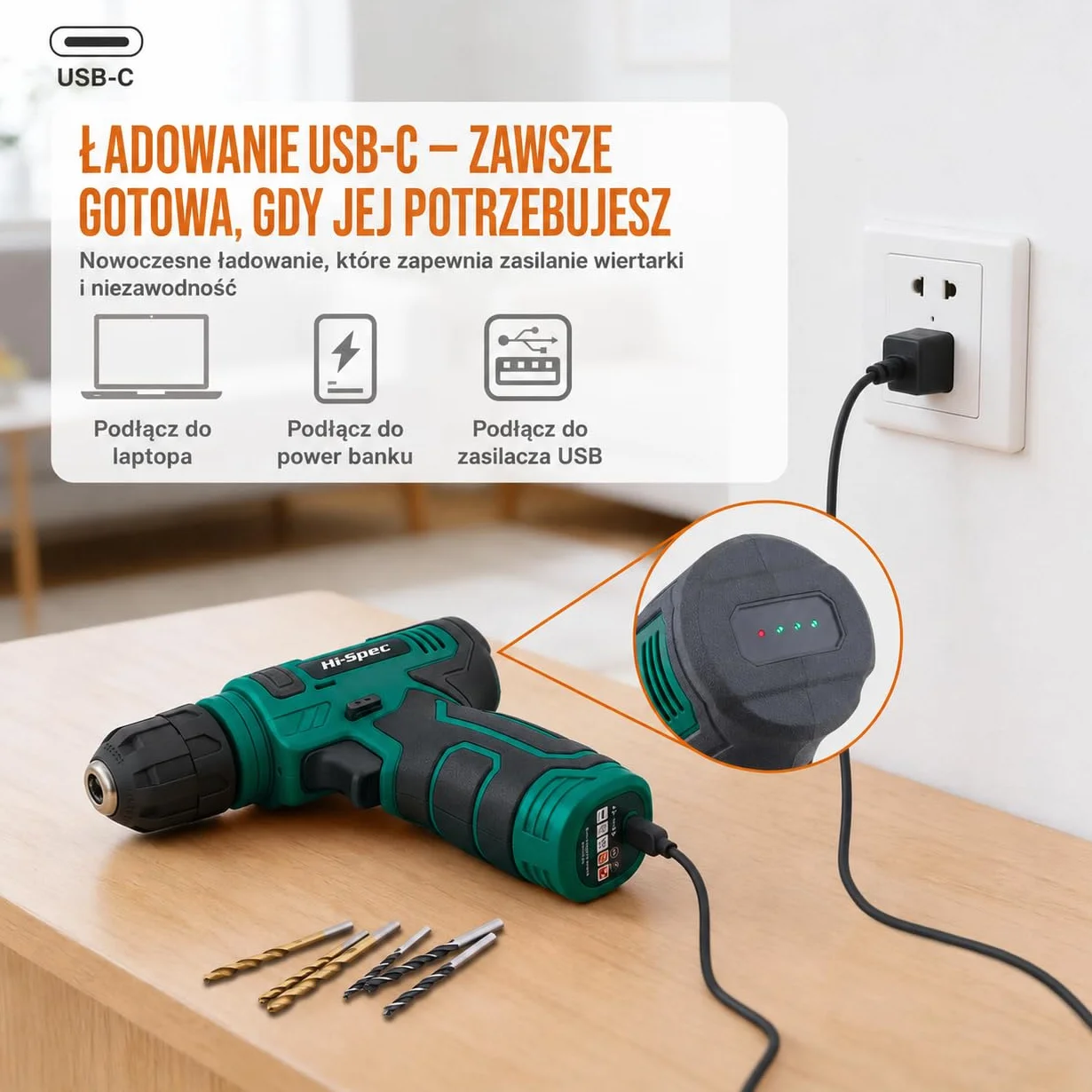 Hi-Spec 8V Wiertarko-Wkrętarka Akumulatorowa USB z Zestawem Narzędzi – Bezprzewodowy Elektrowkrętak i Kompaktowy Zestaw DIY do Domu, Zielony