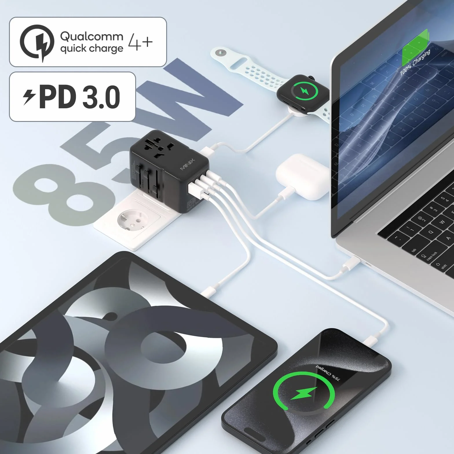 MINIX Uniwersalny adapter podróżny, międzynarodowy zasilacz 85 W GaN III, 3 porty USB-C, 2 porty USB-A, gniazdo AC, ładowarka podróżna na całym świecie do laptopów, tabletów, telefonów i innych.