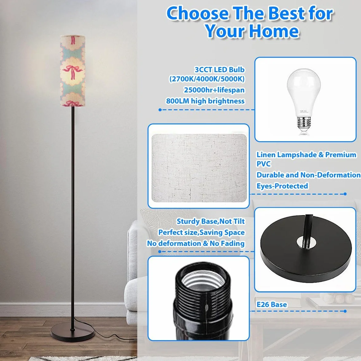 Nowoczesne lampy podłogowe do salonu, śliczne wstążki, ręcznie rysowane lampy stojące z lnianym abażurem, duża lampa na metalowym słupku, do sypialni, biura, czytania