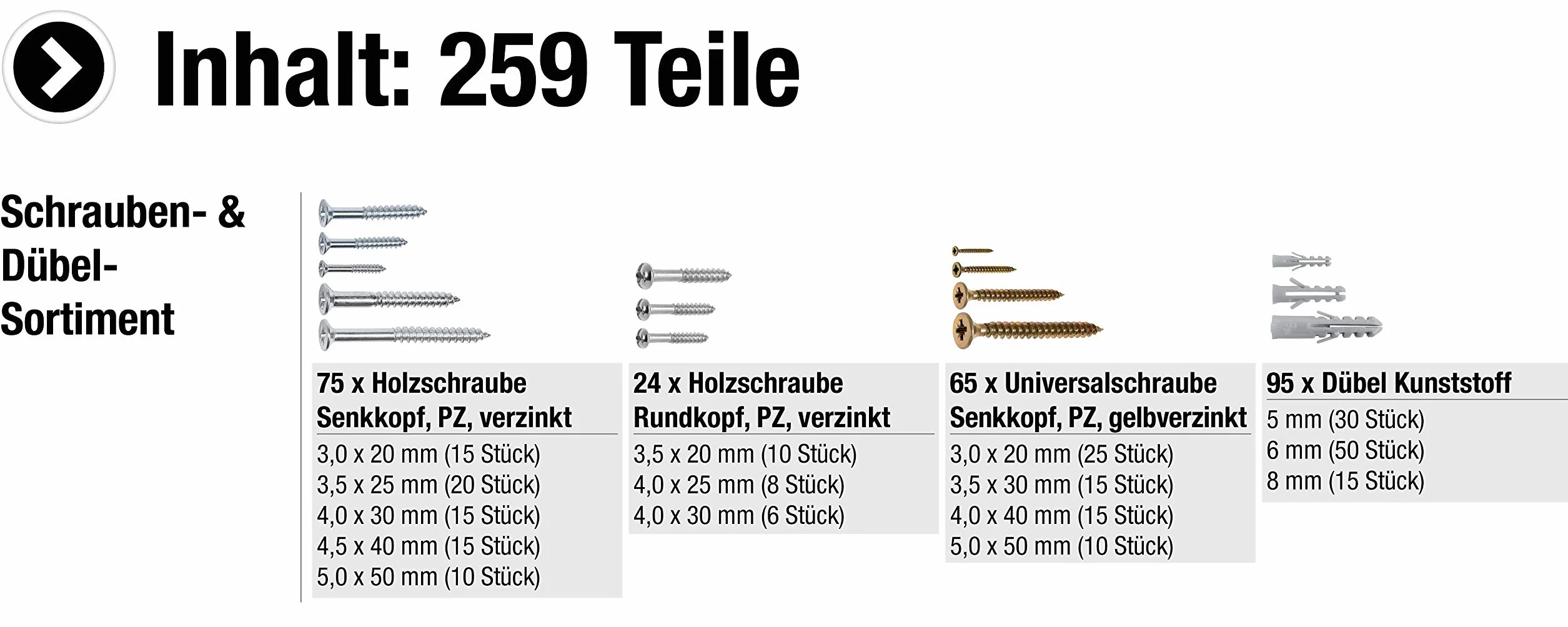 Connex Zestaw śrub i kołków rozporowych 259-częściowy – wkręty uniwersalne i do drewna w zestawie – napęd Pozidriv PZ – ocynkowane/zestaw śrub z kołkami/skrzynka asortymentowa / DP8500108