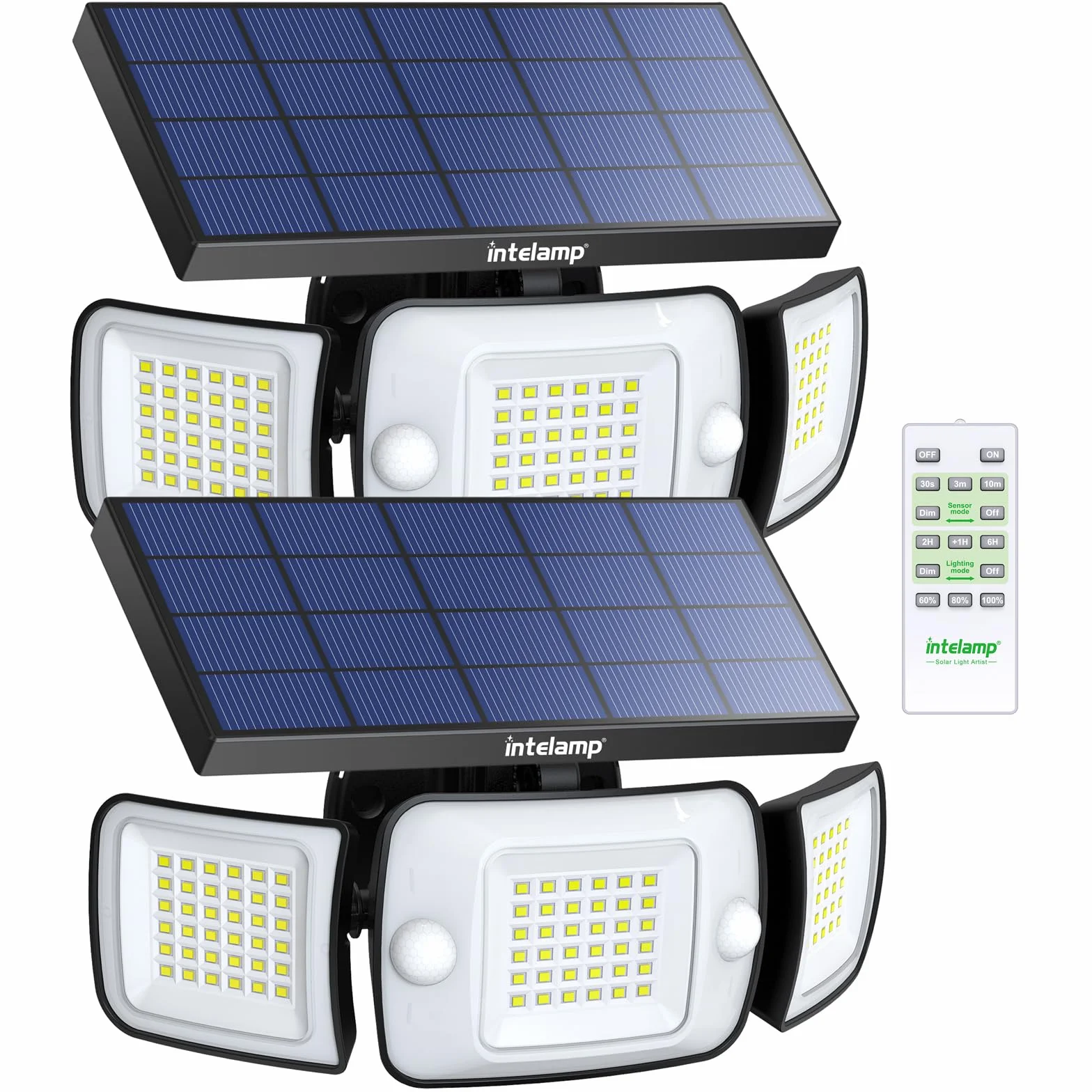 INTELAMP Zewnętrzne lampy solarne z czujnikiem ruchu i pilotem zdalnego sterowania, 6000 mAh, 1200 lumenów, oświetlenie 270°, 4 tryby, lampa ścienna do użytku na zewnątrz
