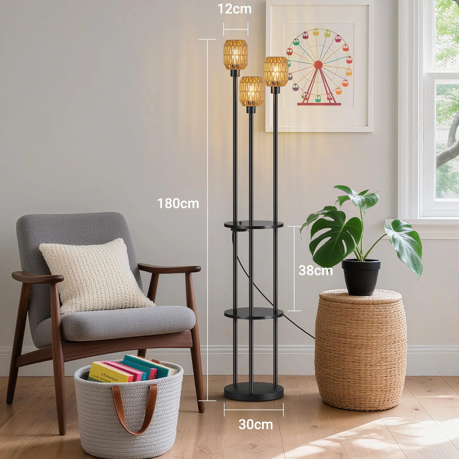 Lampa stojąca do salonu, vintage, 3-punktowa, do sypialni i biura | Abażur rattanowy w stylu boho, dwuwarstwowy regał, przełącznik obrotowy, 0%-100% bezstopniowe ściemnianie, zawiera żarówkę