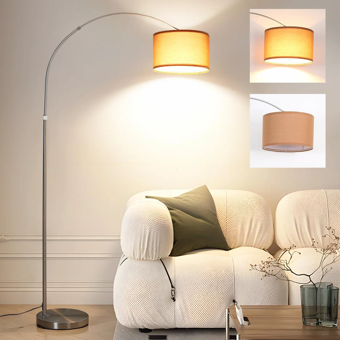 Lampa podłogowa łukowa LUNA do salonu | Zawiera gniazdo LED E27 | Czarny klosz materiałowy o długości 33 cm | Przełącznik nożny | Lampa łukowa w stylu vintage, odpowiednia do sypialni i hoteli