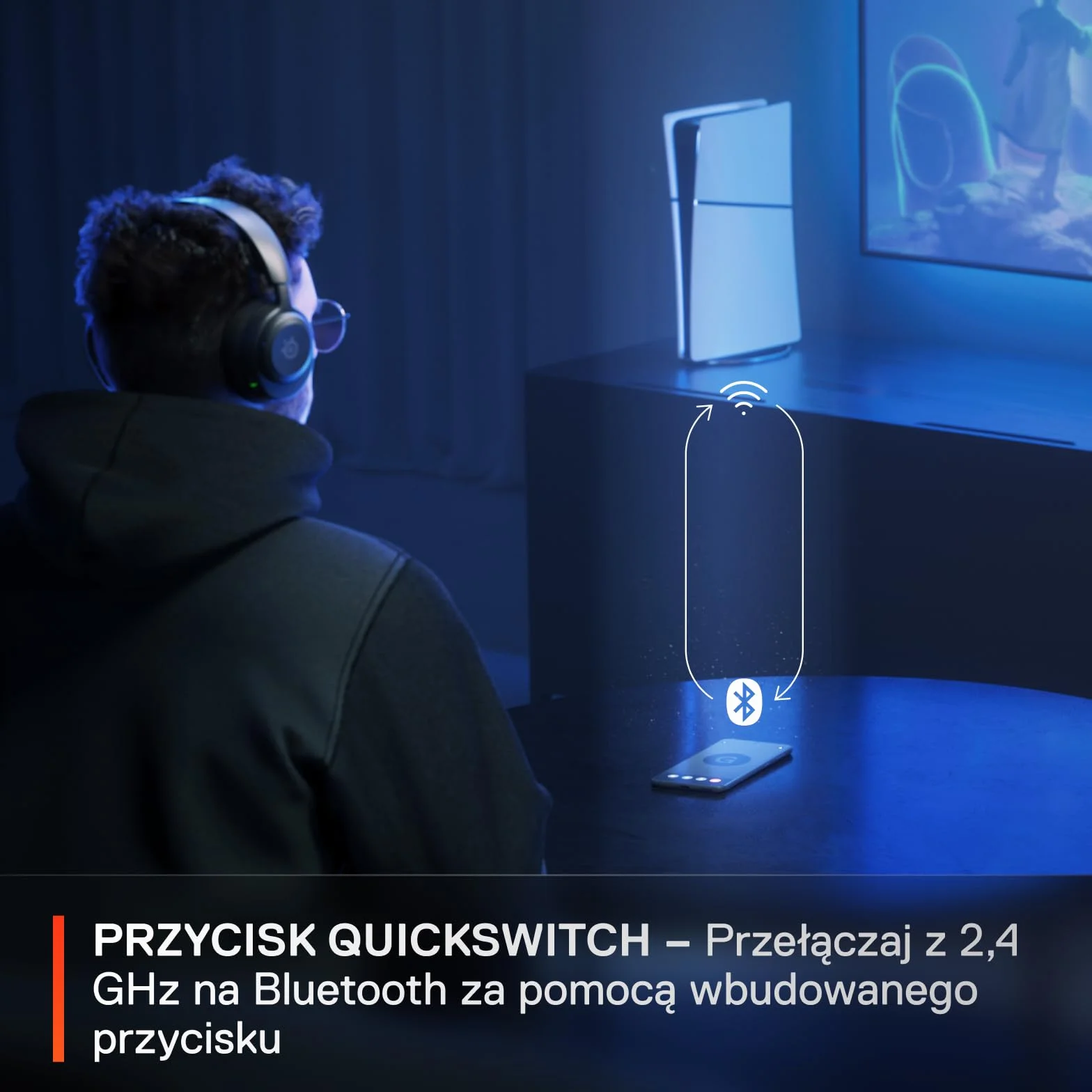 SteelSeries Arctis Nova 5 -słuchawki wi-fi do gier– neodymowe przetworniki magnetyczne– Ponad 100 ustawień wstępnych dźwięku– 60 godz baterii– 2,4 GHz lub BT– Mik.ClearCast Gen2– PC,PS5,Switch,telefon