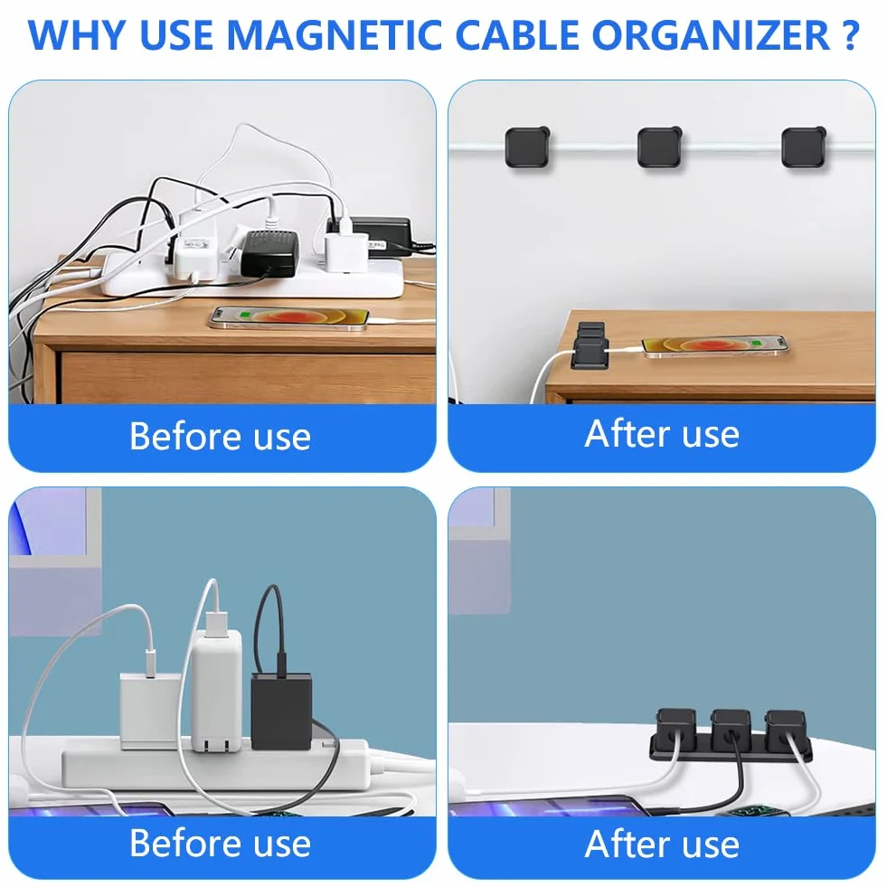 Uchwyt do organizera, 2 x 3 gniazda, samoprzylepne magnetyczne klipsy na biurko, organizer na przewody, organizer na biurko na stolik nocny, do biura, USB, kabel audio, kabel komputerowy