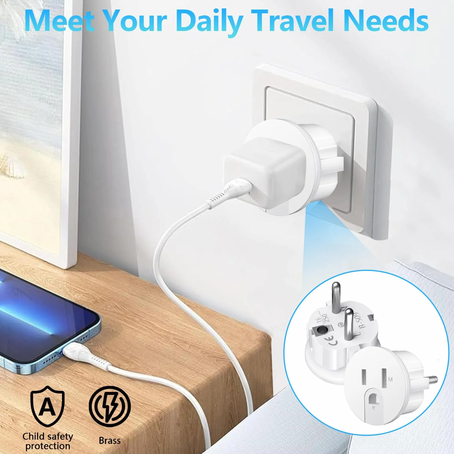 Adapter podróżny z USA do Europy 2 sztuki, wtyczka do UE