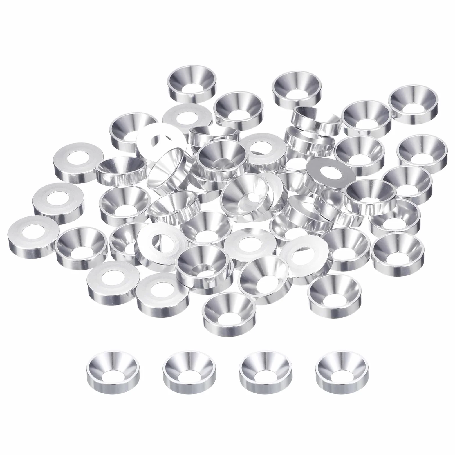 QUARKZMAN 50 sztuk podkładek stożkowych M5 ze stopu aluminium, podkładki śrubowe, głowica kubka, podkładka do akcesoriów mechanicznych, kolor srebrny