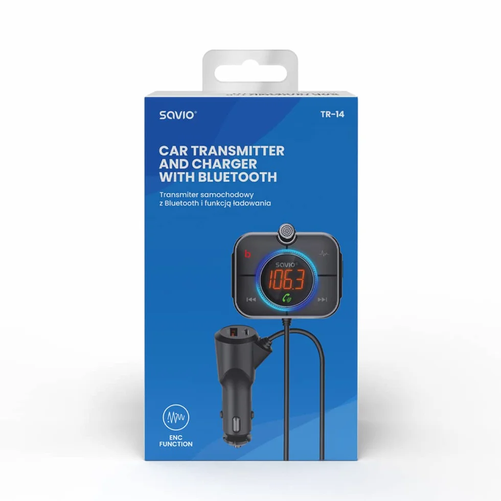SAVIO Adapter Bluetooth do zapalniczki samochodowej - Nadajnik FM do samochodu Bluetooth - Adapter Bluetooth do samochodu - Adapter Bluetooth do radia samochodowego - Bluetooth 5.0 - Karta SD