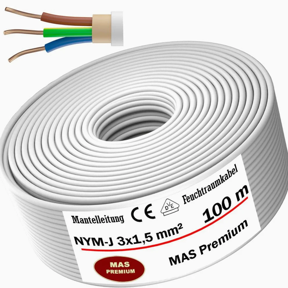 MAS Premium Kabel zasilający do wilgotnych pomieszczeń 5-200 m przewód płaszczowy NYM-J 3 x 1, 5 2,5 4 6 10 lub 5 x 1,5 2,5 4 6 10 16 kabel elektryczny do stałego montażu (NYM-J 3 x 1, 5 mm², 100 m)