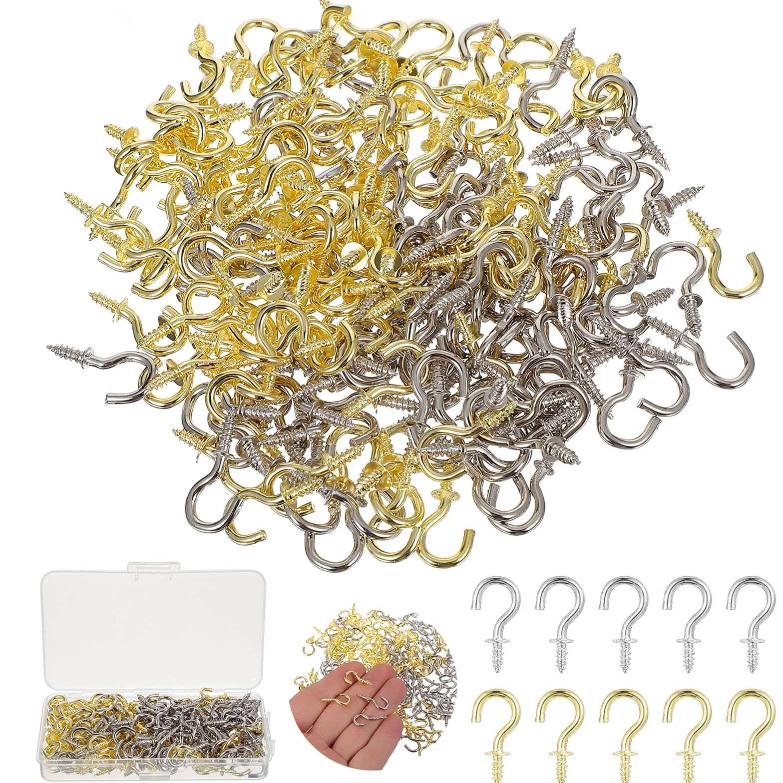 cobee 200 sztuk małych haczyków śrubowych, 1/2 cala, złote, małe metalowe haki śrubowe do drewna, wiszącego ogrodu, roślin, sztuki, dekoracji bożonarodzeniowych, kluczy