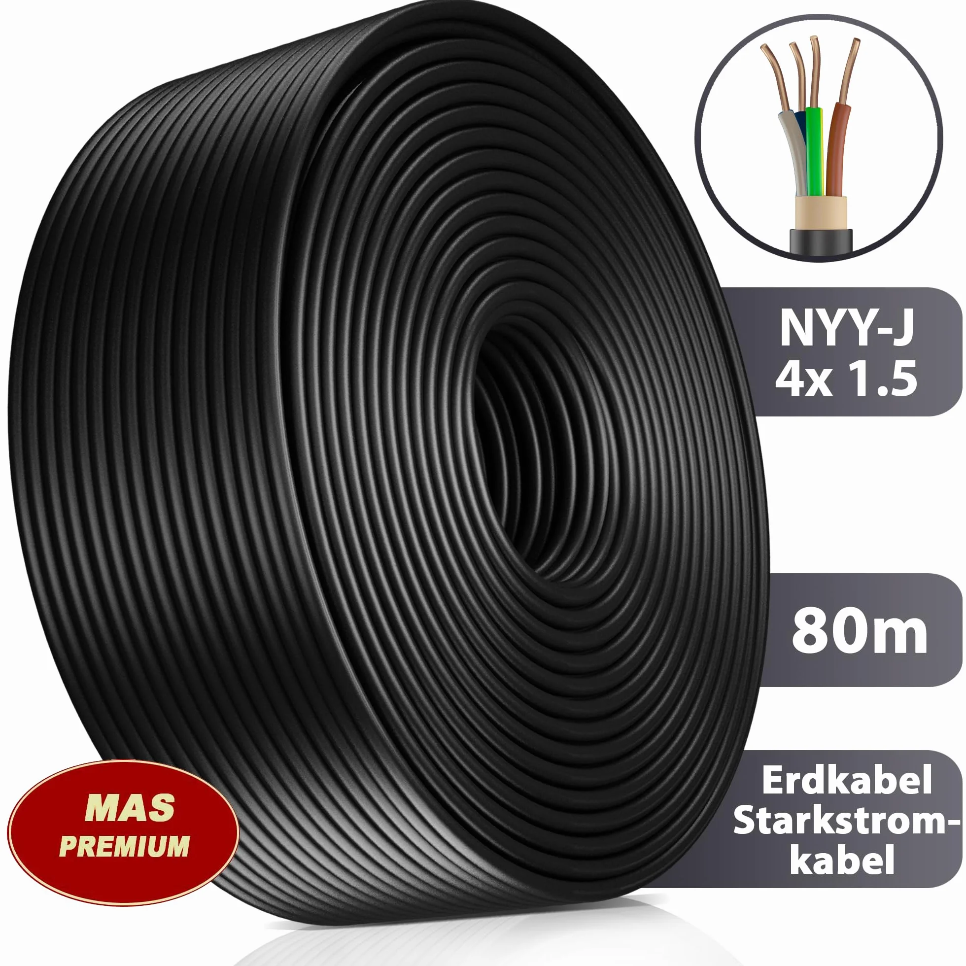 Kabel uziemiający, kabel zasilający 5, 10, 15, 20, 25, 30, 35, 40, 50, 60, 70, 75, 80, 90, lub 100 m NYY-J 4 x 1,5 mm², kabel elektryczny pierścień do układania na wolnym powietrzu, w ziemi (80 m)