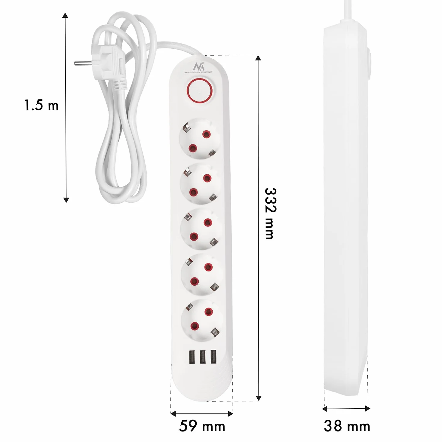 Maclean Listwa zasilająca MCE394/MCE395 2500 W 1,5 m Biały 5 gniazd 3xUSB