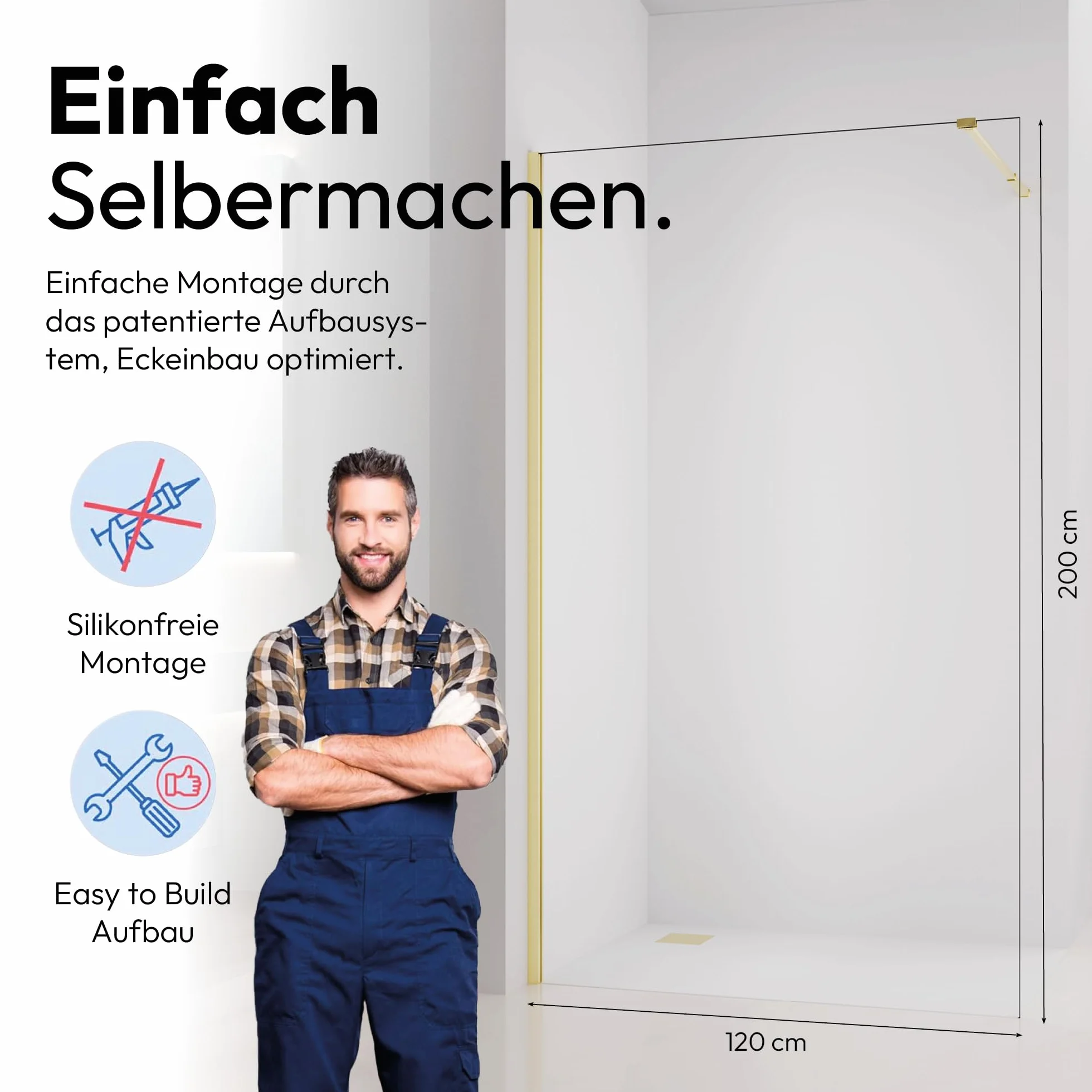 Ścianka prysznicowa Walk-In 120 x 200 cm – 8 mm szkło bezpieczne ESG, złota, dwustronna, rama aluminiowa, uchwyt stabilizacyjny 70-100 cm, łatwy montaż, nowoczesna kabina prysznicowa