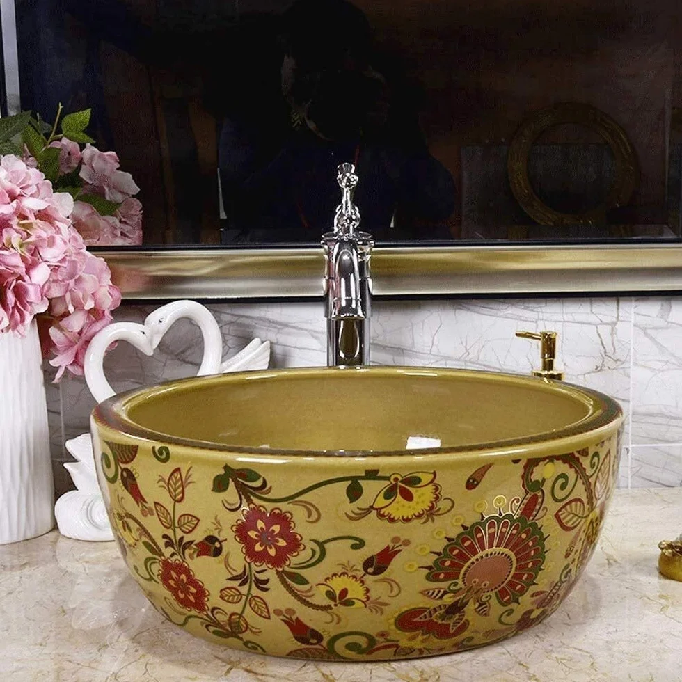 Szafka Pod Umywalkę Z Umywalką, Umywalka Łazienkowa Nablatowa, Okrągła Ceramiczna Umywalka Łazienkowa Nablatowa W Stylu Vintage, Porcelanowa Miska Nablatowa
