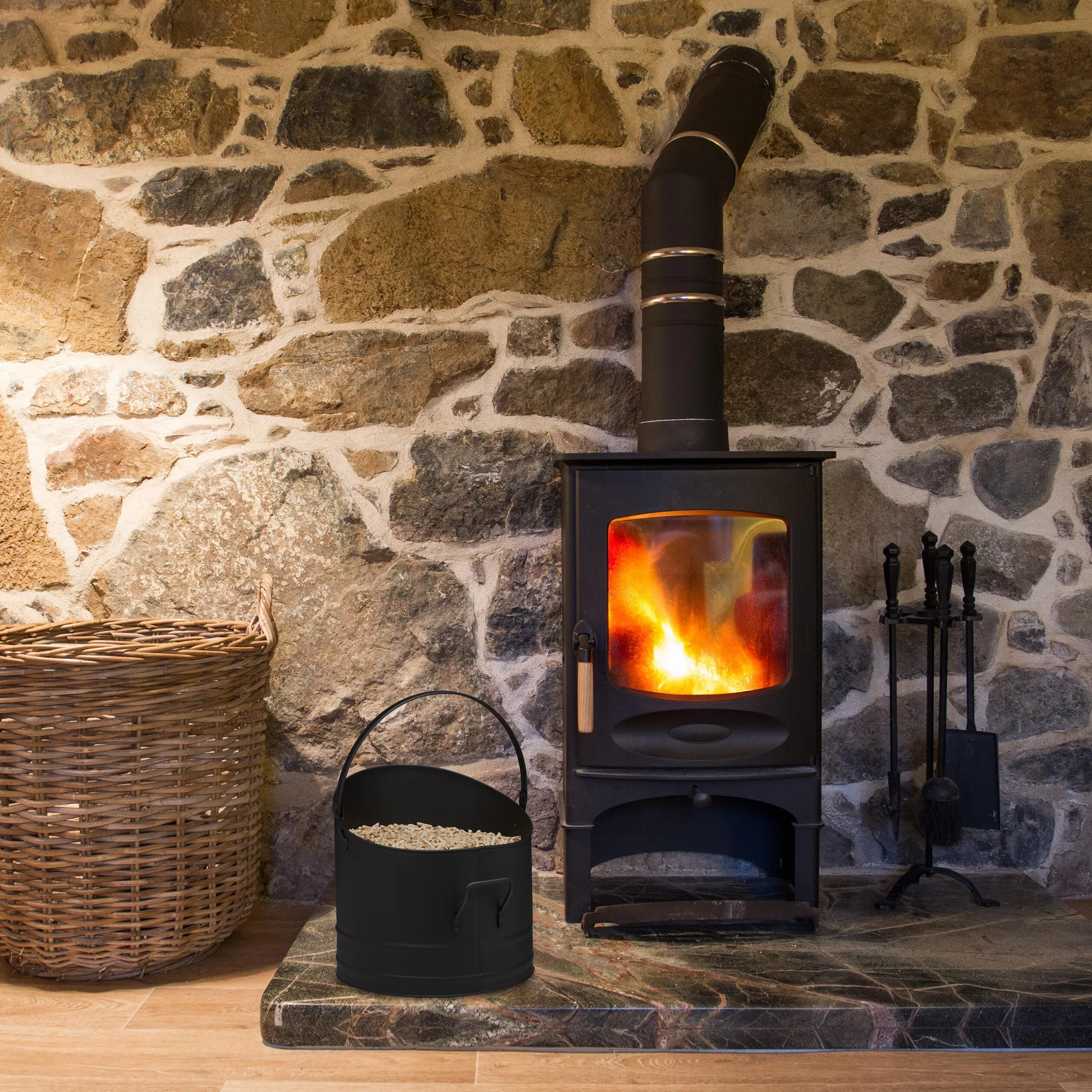 Relaxdays Zestaw 3 pojemników na pelety, ∅ 21, 25 i 30 cm, uchwyt, metalowy pojemnik, akcesoria kominkowe, czarny