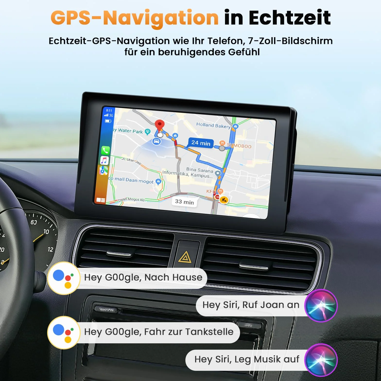 Volam Bezprzewodowy wyświetlacz Carplay Android Auto z 7-calowym ekranem dotykowym, ekran Car Play z nawigacją GPS, asystent głosowy, Mirror Link, Bluetooth 5.0, AUX, FM