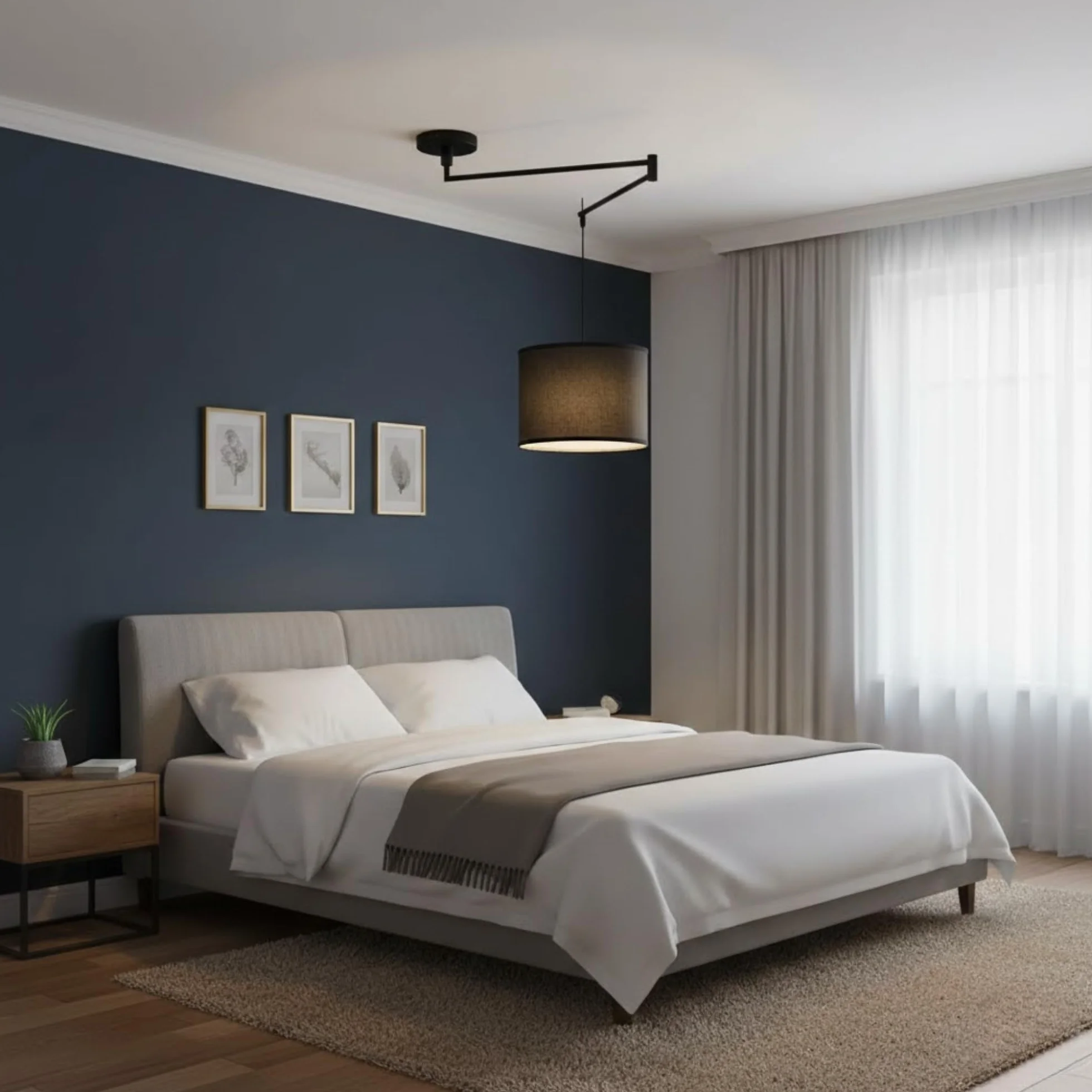 BARCELONA LED Czarna Lampa Wisząca z Regulowanym Ramieniem E27 z Abażurem z Tkaniny, Lampa Sufitowa Industrialna Vintage Skandynawska Minimalistyczna do Salonu Sypialni Jadalni Biura